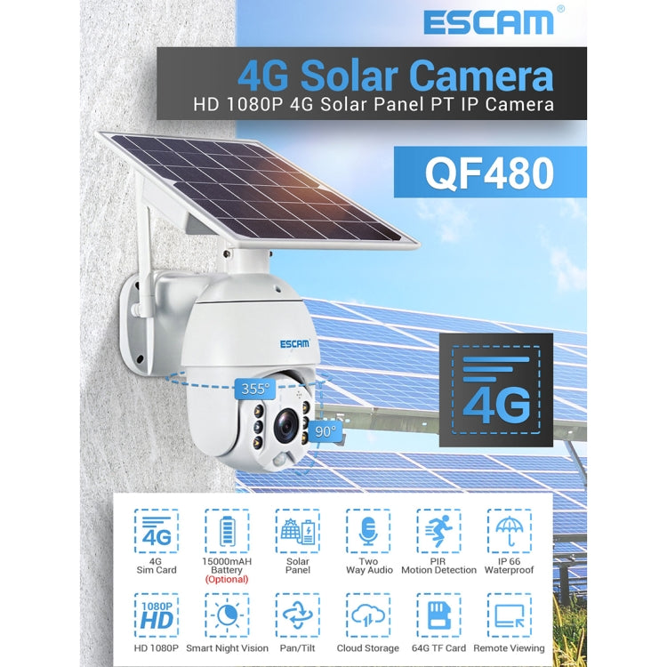 ESCAM QF480 US Version HD 1080P IP66 Waterproof 4G Solar Panel PT IP Camera with Battery, Support Night Vision / Motion Detection / TF Card / Two Way Audio (White)