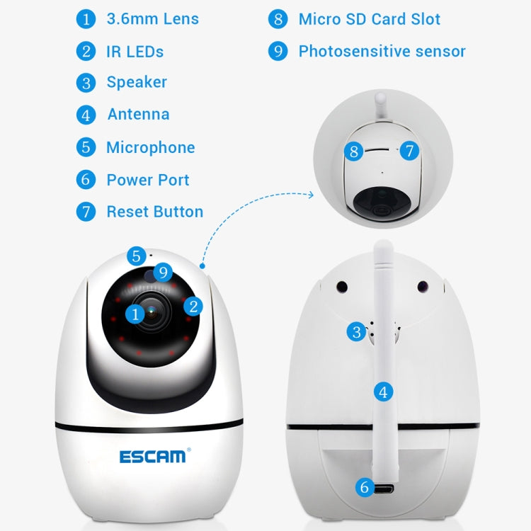 ESCAM PVR008 HD 1080P WiFi IP Camera, Support Motion Detection / Night Vision, IR Distance: 10m, UK Plug