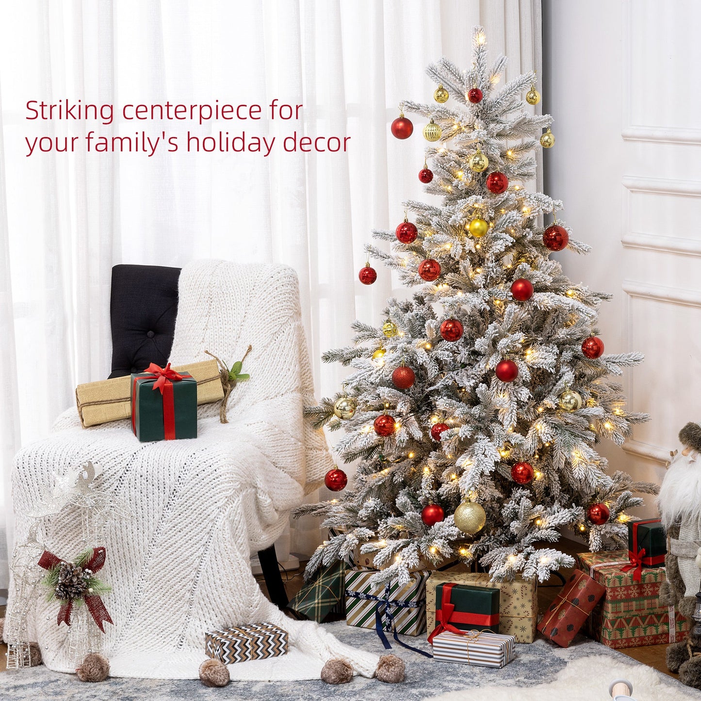 HOMCOM 5 Ft Artificial Christmas Tree with Realistic Snow Branches, LED Lights