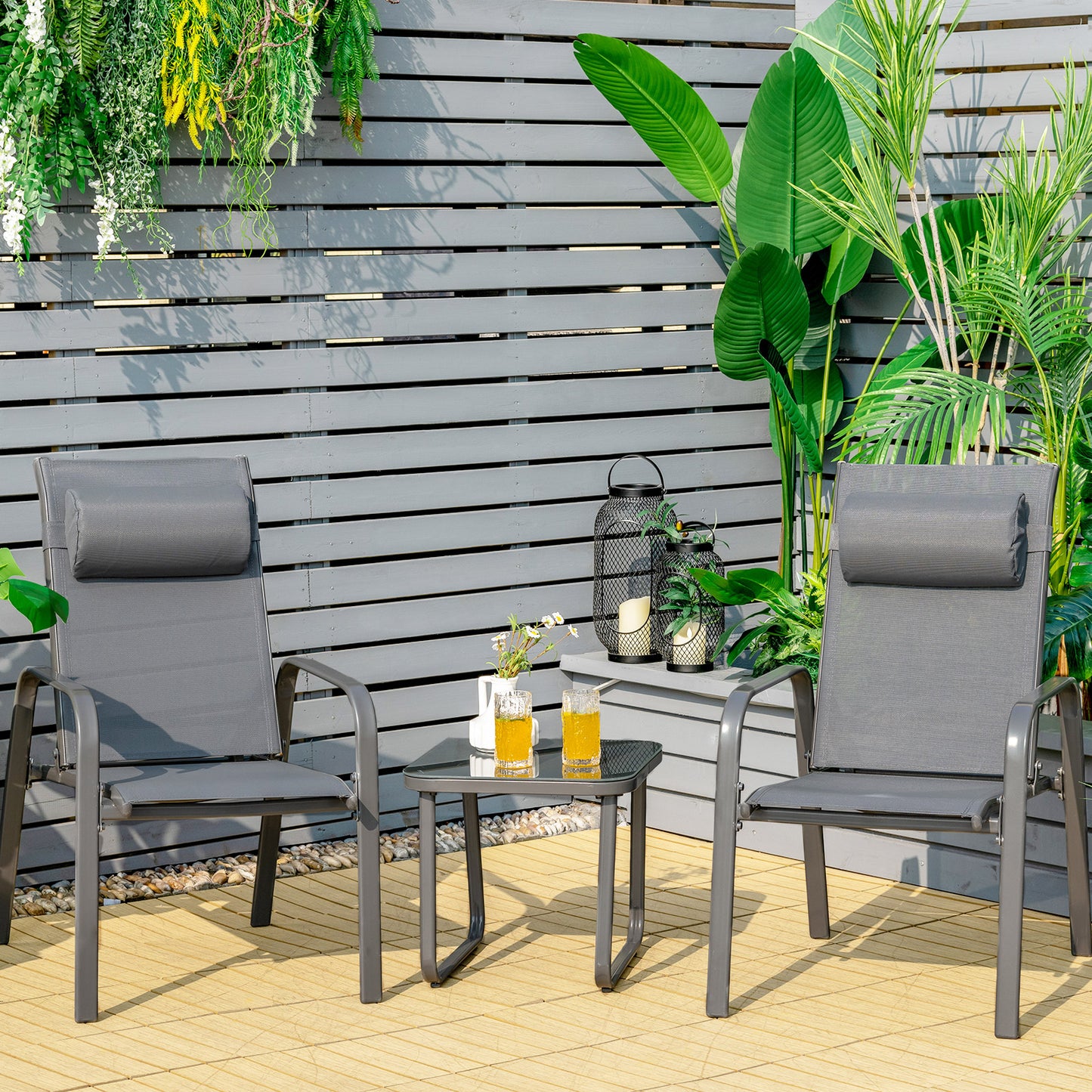 3 Pieces Patio Bistro Set with Coffee Table and 2 Stackable Chairs-Black