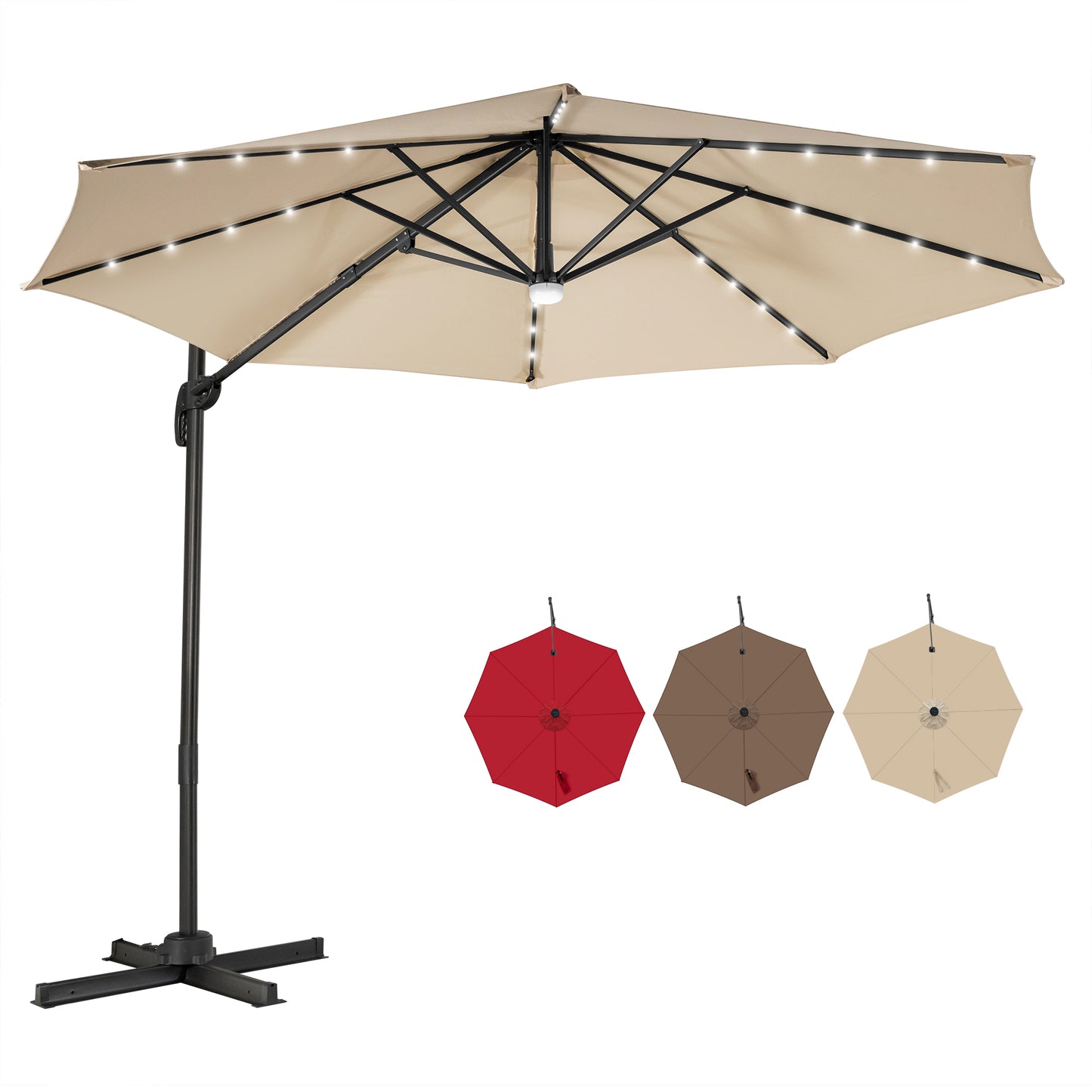 10 Feet Cantilever Solar Umbrella 28LED Lighted Patio Offset Tilt 360° for Outdoor-Wine