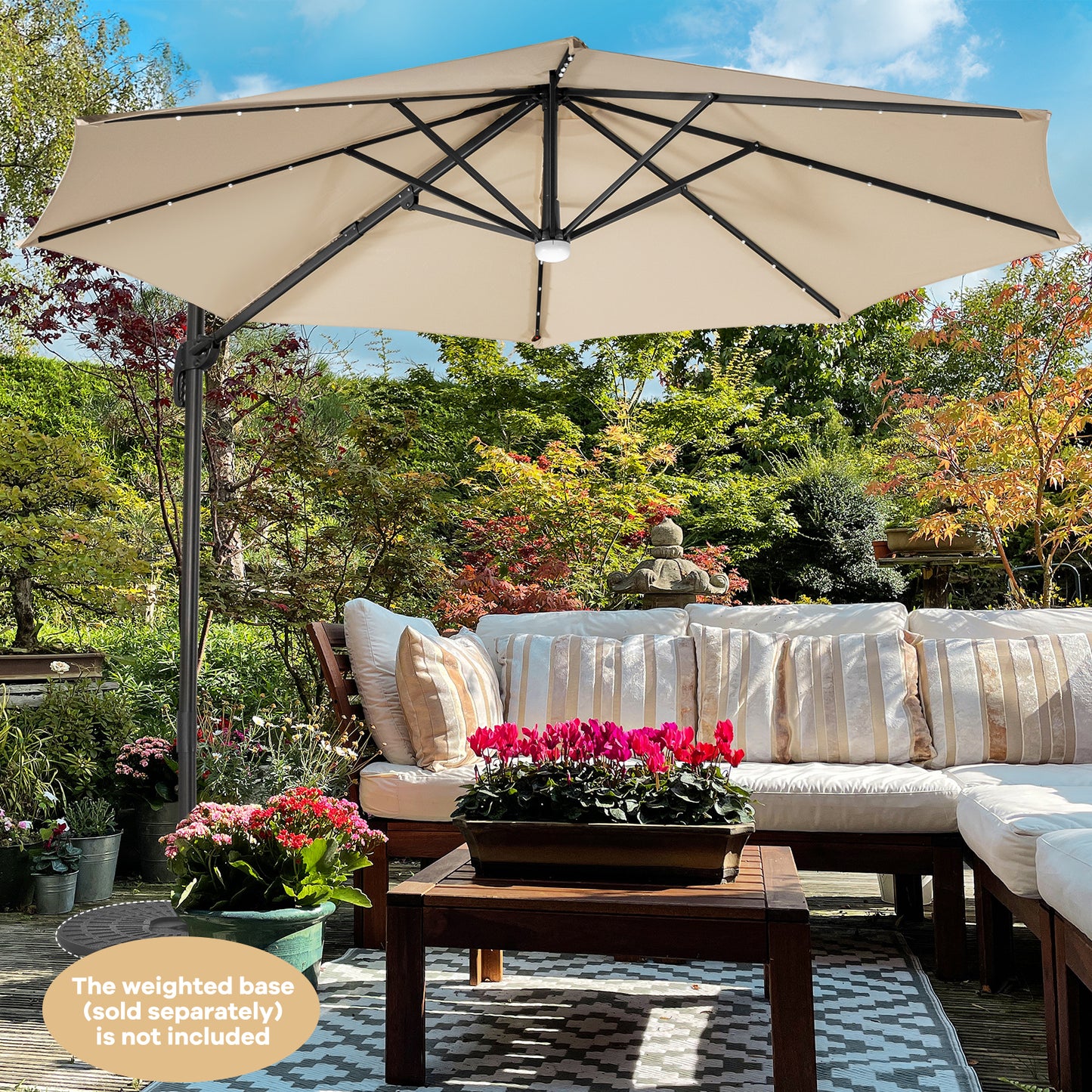 10 Feet Cantilever Solar Umbrella 28LED Lighted Patio Offset Tilt 360° for Outdoor-Wine