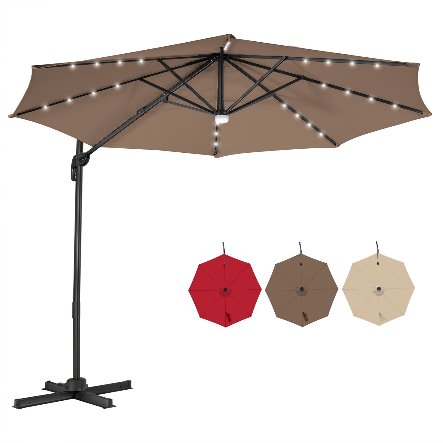 10 Feet Cantilever Solar Umbrella 28LED Lighted Patio Offset Tilt 360° for Outdoor-Wine