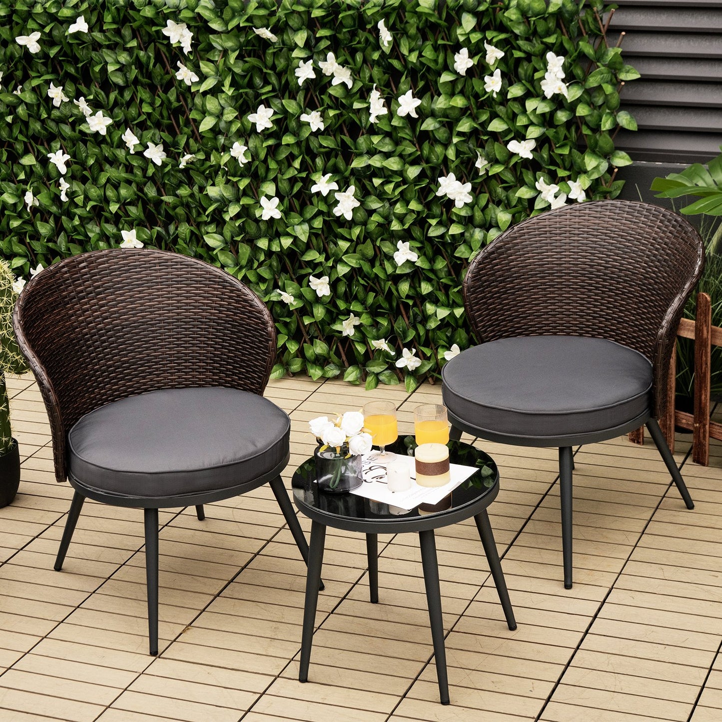3 Pieces Patio Rattan Bistro Set with Cushioned Chairs and Glass Table-Grey