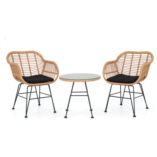 3 Piece Patio Rattan Set with 2 Cushioned Chairs and Tempered Glass Table-Black