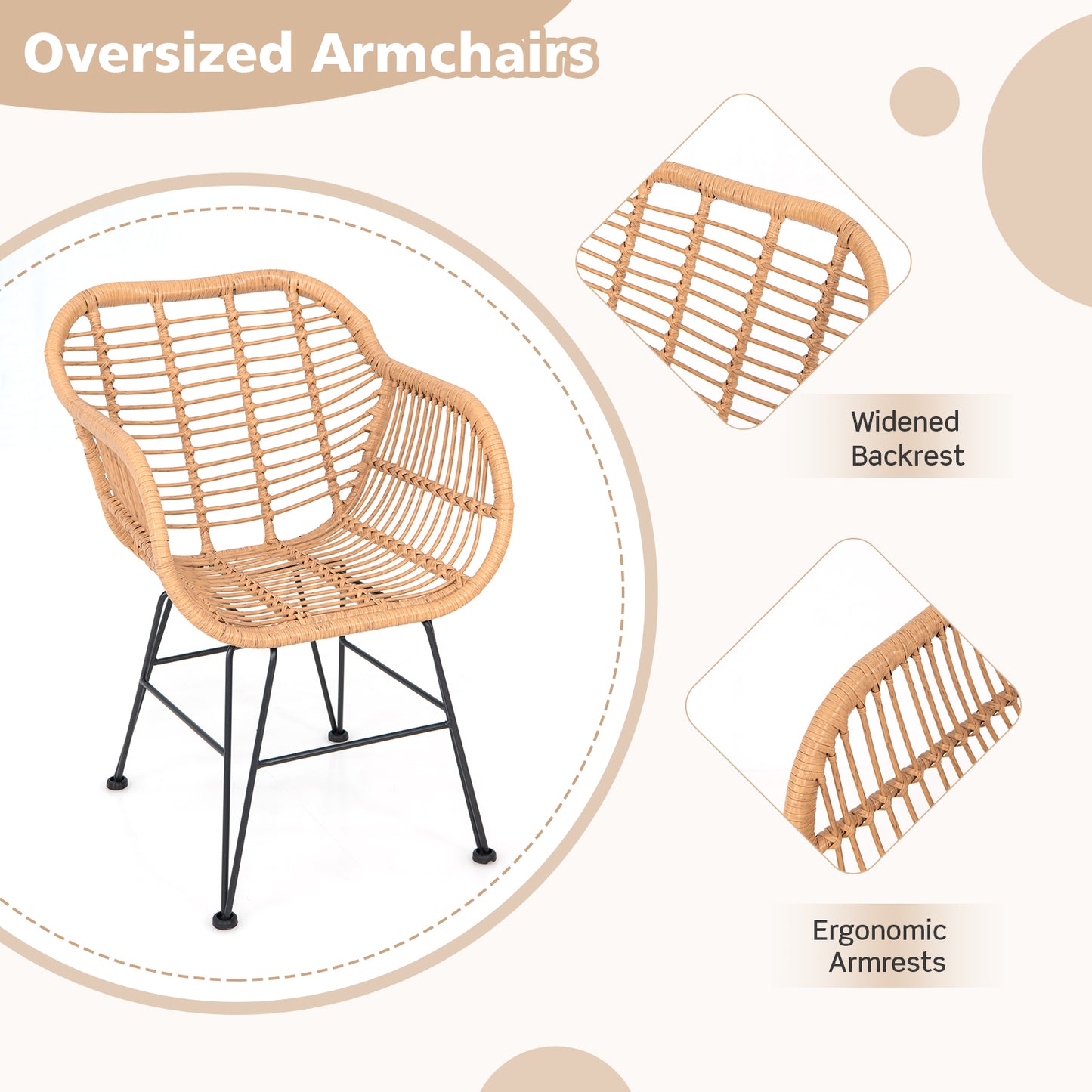3 Piece Patio Rattan Set with 2 Cushioned Chairs and Tempered Glass Table-Black