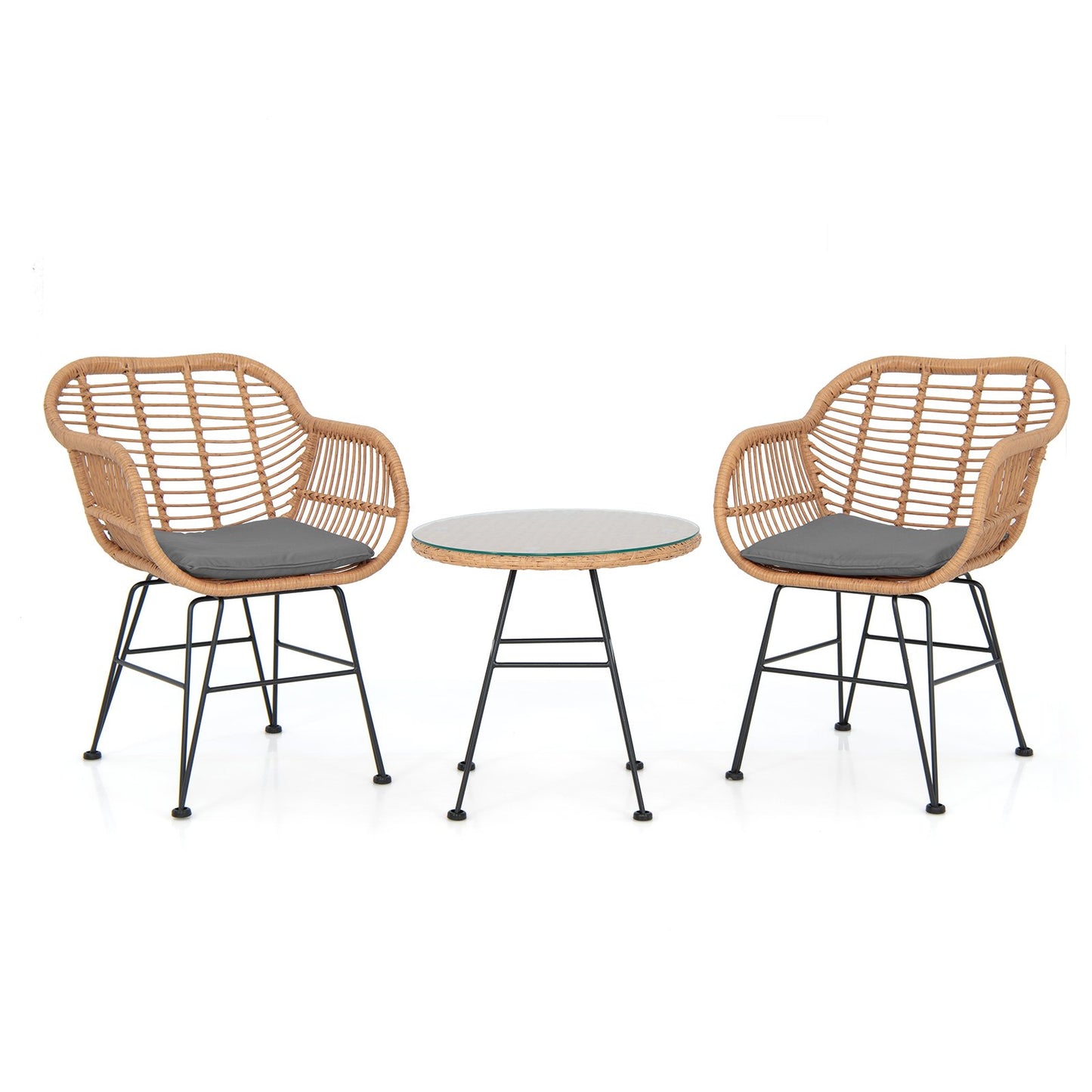 3 Piece Patio Rattan Set with 2 Cushioned Chairs and Tempered Glass Table-Black