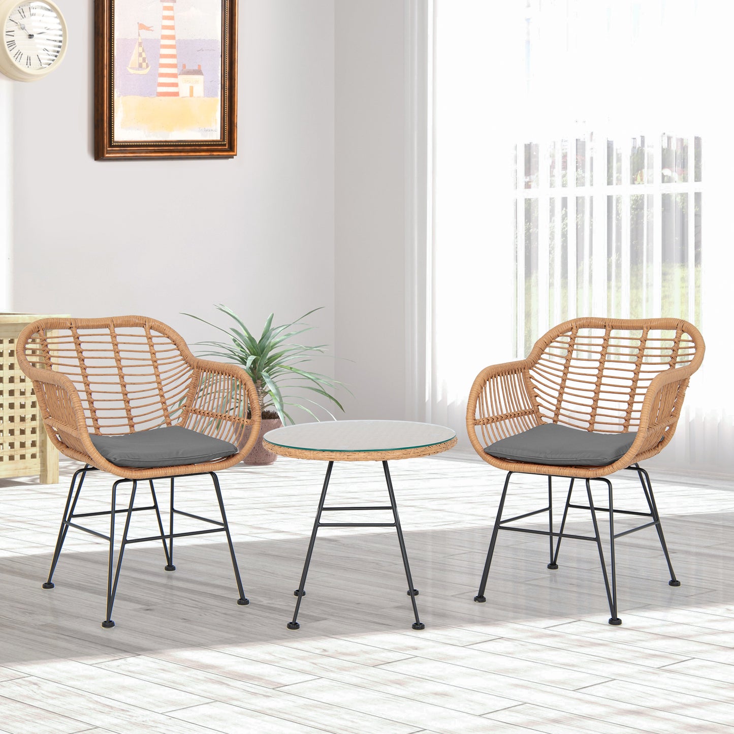 3 Piece Patio Rattan Set with 2 Cushioned Chairs and Tempered Glass Table-Black
