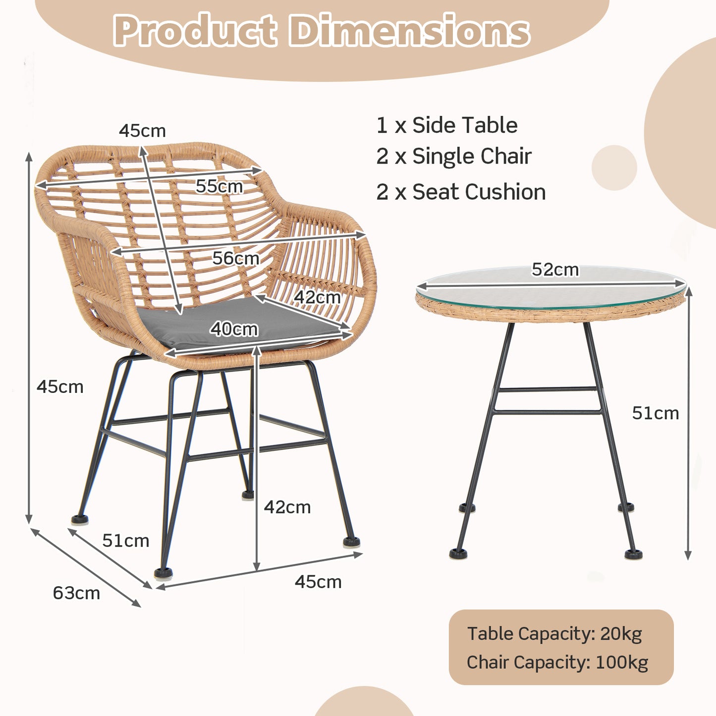 3 Piece Patio Rattan Set with 2 Cushioned Chairs and Tempered Glass Table-Black