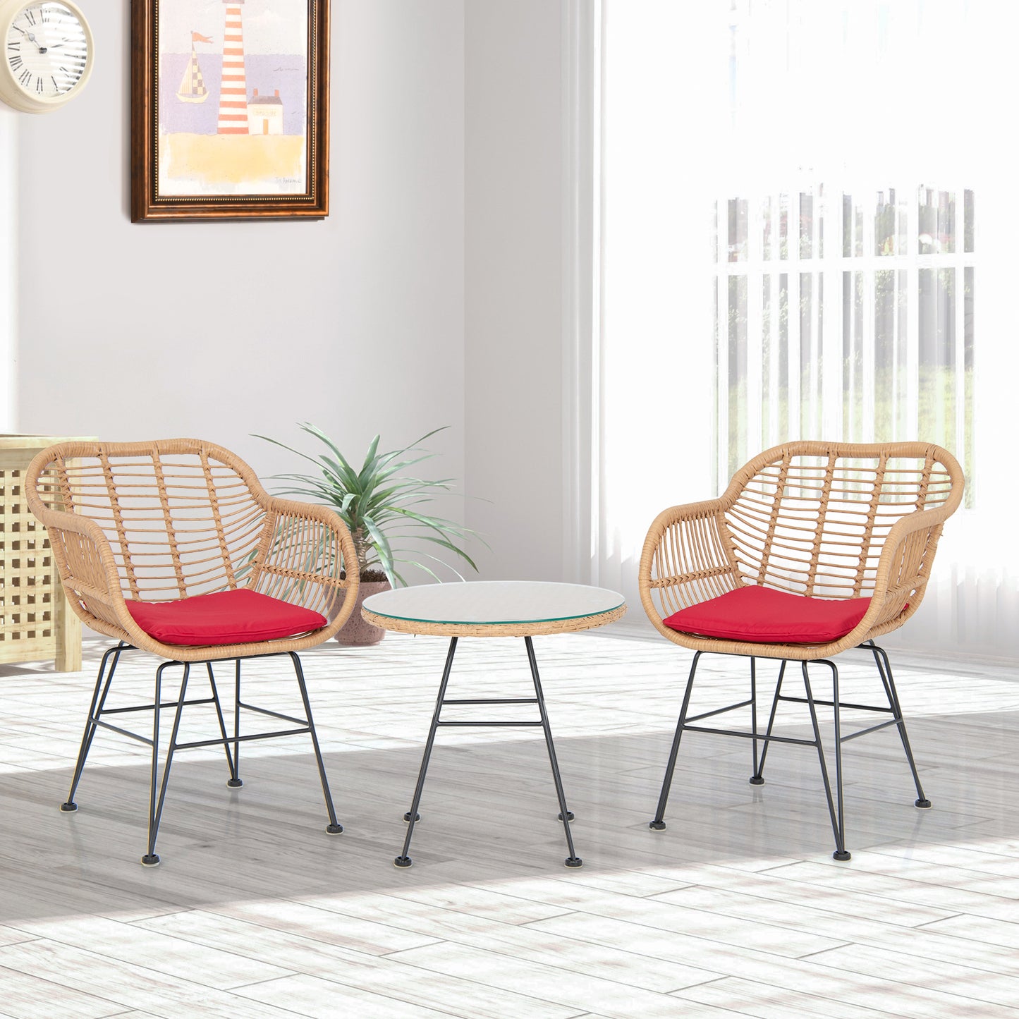 3 Piece Patio Rattan Set with 2 Cushioned Chairs and Tempered Glass Table-Black