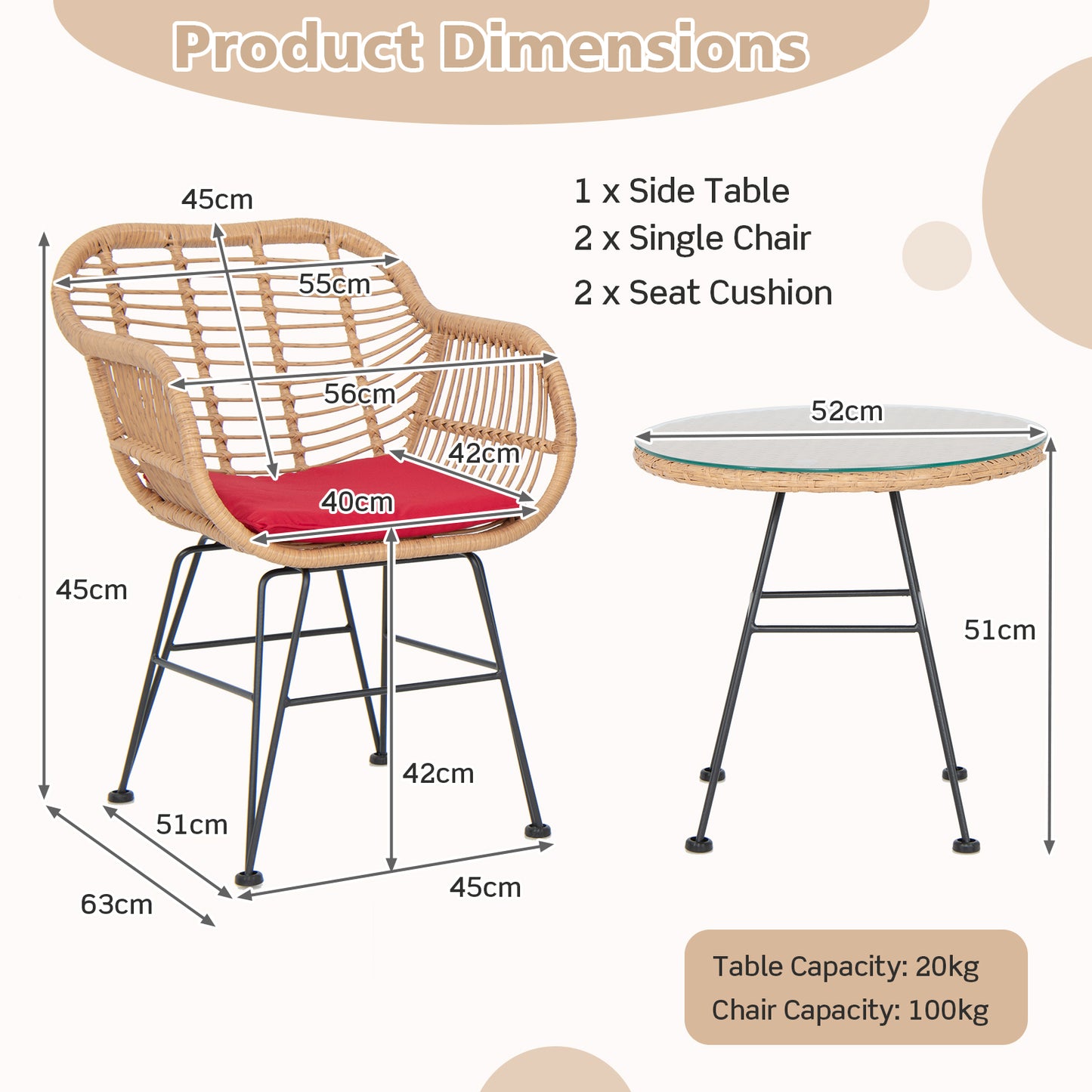 3 Piece Patio Rattan Set with 2 Cushioned Chairs and Tempered Glass Table-Black