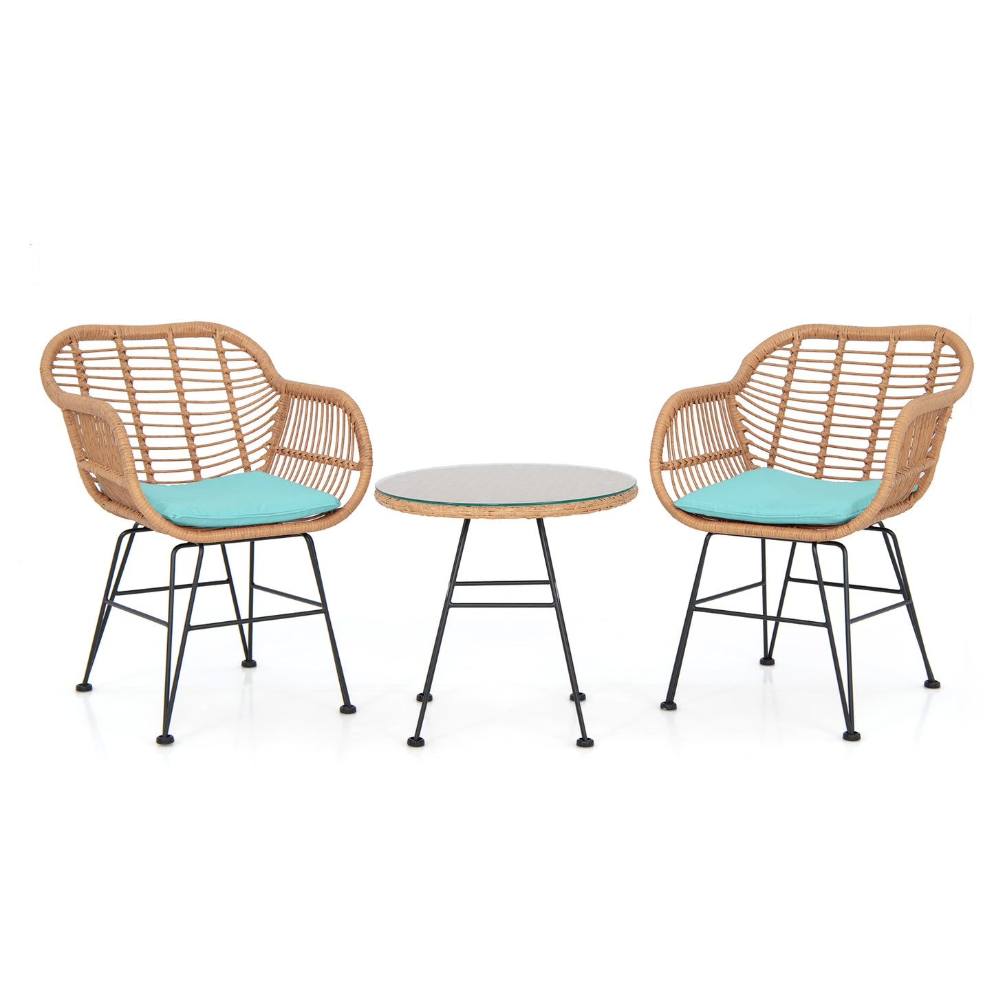 3 Piece Patio Rattan Set with 2 Cushioned Chairs and Tempered Glass Table-Black
