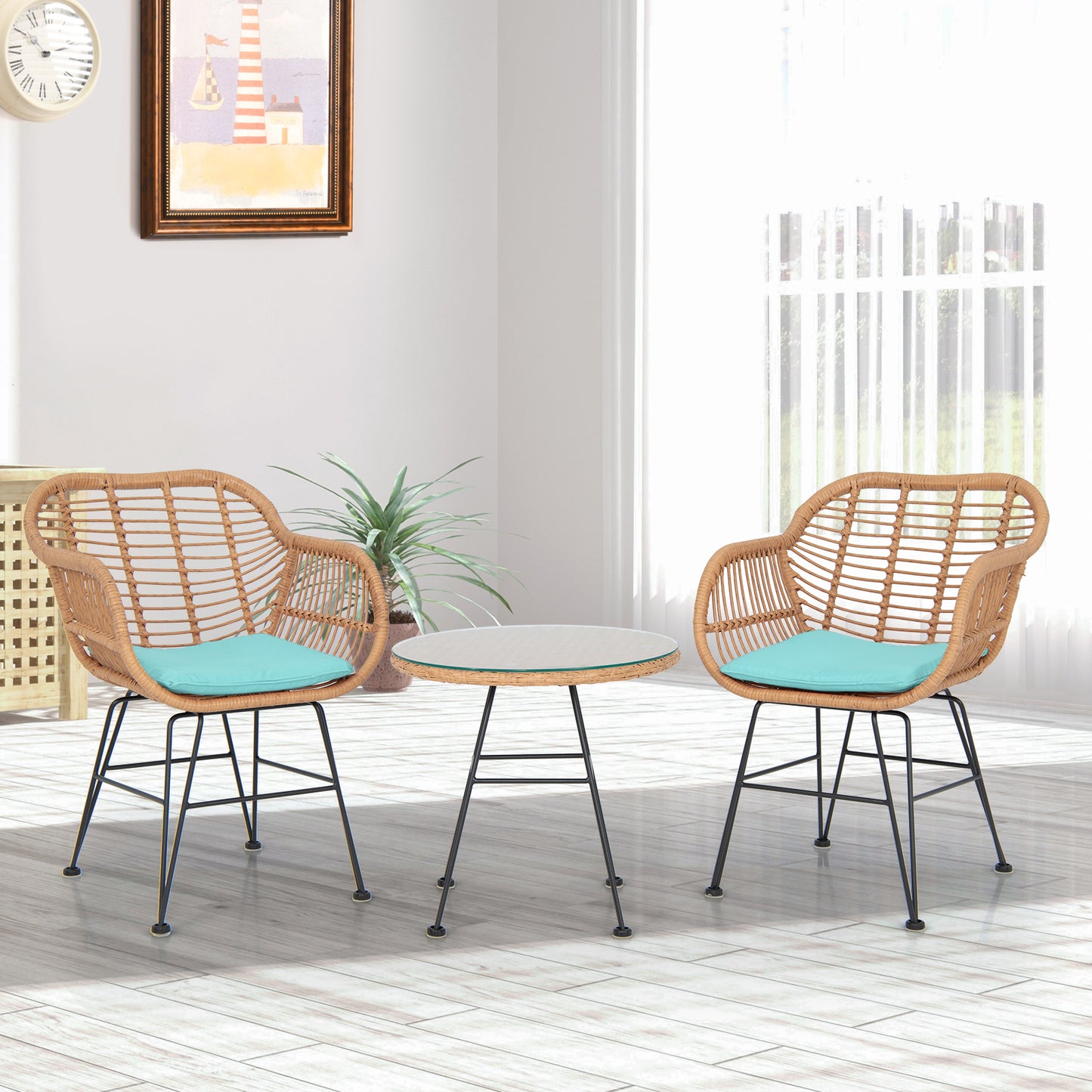 3 Piece Patio Rattan Set with 2 Cushioned Chairs and Tempered Glass Table-Black