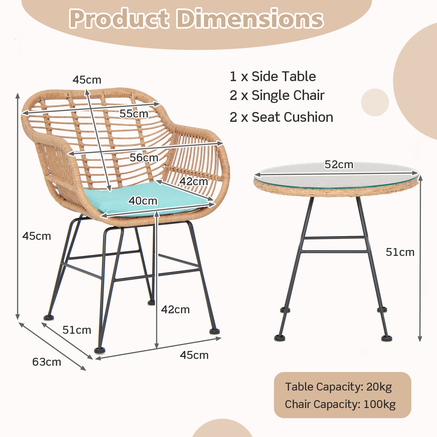 3 Piece Patio Rattan Set with 2 Cushioned Chairs and Tempered Glass Table-Black