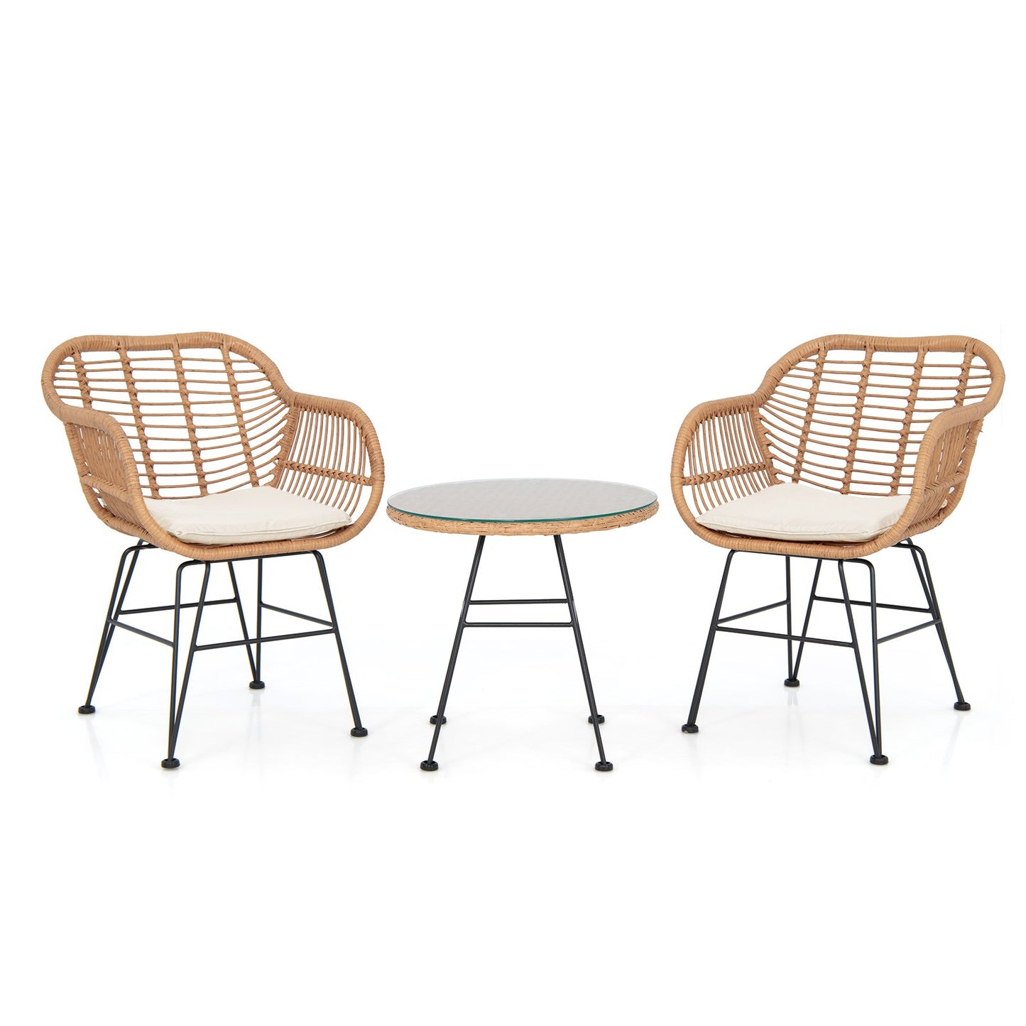 3 Piece Patio Rattan Set with 2 Cushioned Chairs and Tempered Glass Table-Black