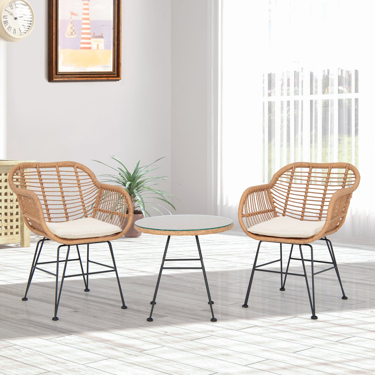 3 Piece Patio Rattan Set with 2 Cushioned Chairs and Tempered Glass Table-Black