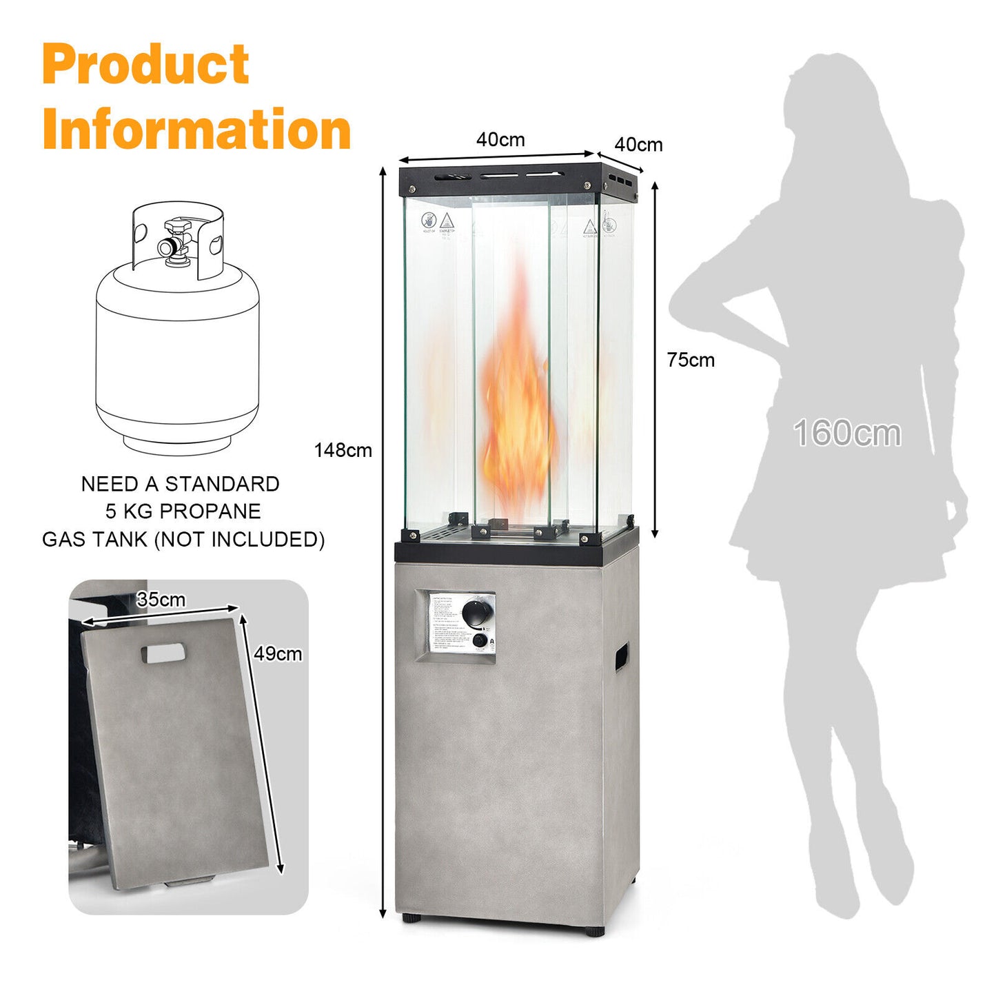 41,000 BTU Propane Patio Heater Outdoor Heater with Lockable Wheels-Dark Grey