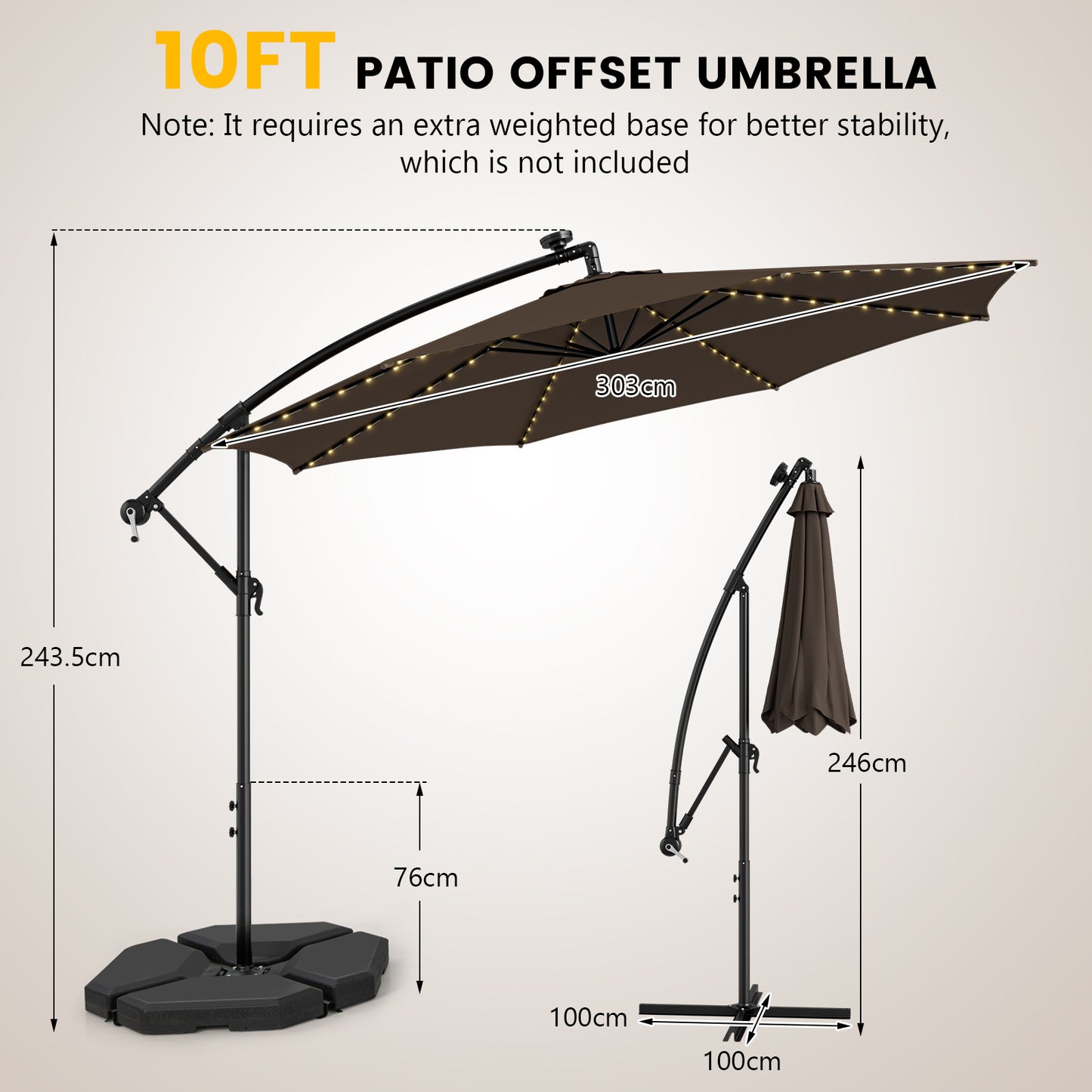 303 CM Solar-Powered Patio Offset Umbrella with 112 LED Lights-Beige