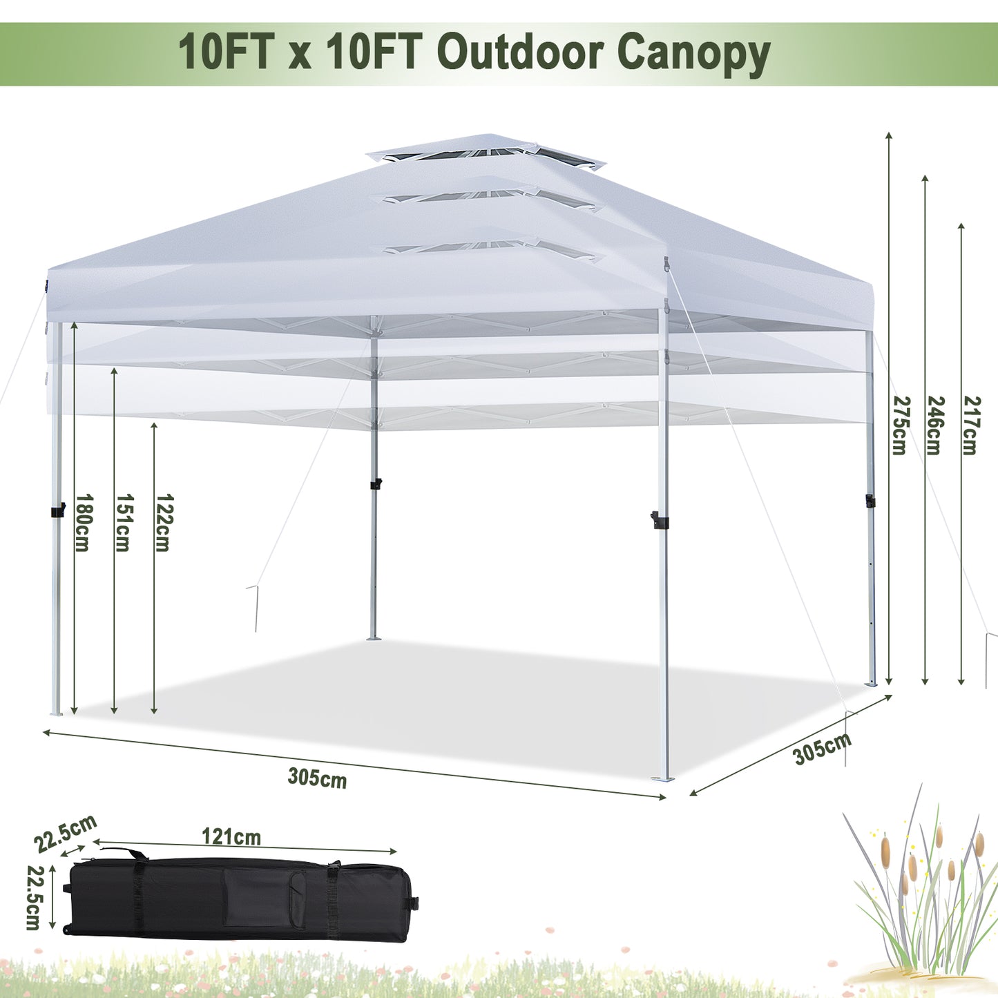 3m x 3m Pop Up Gazebo with Adjustable Height and Double Vented Roof-Black