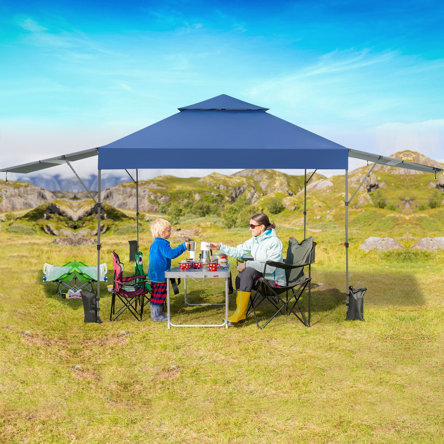 3 x 3m Rolling Pop up Gazebo with Adjustable Dual Awnings and Height-Black