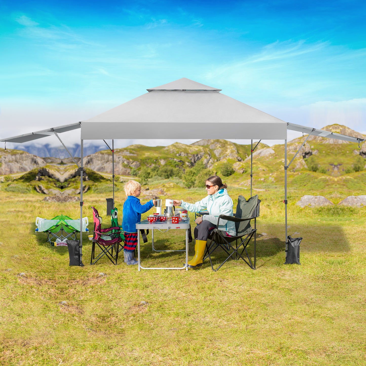 3 x 3m Rolling Pop up Gazebo with Adjustable Dual Awnings and Height-Black