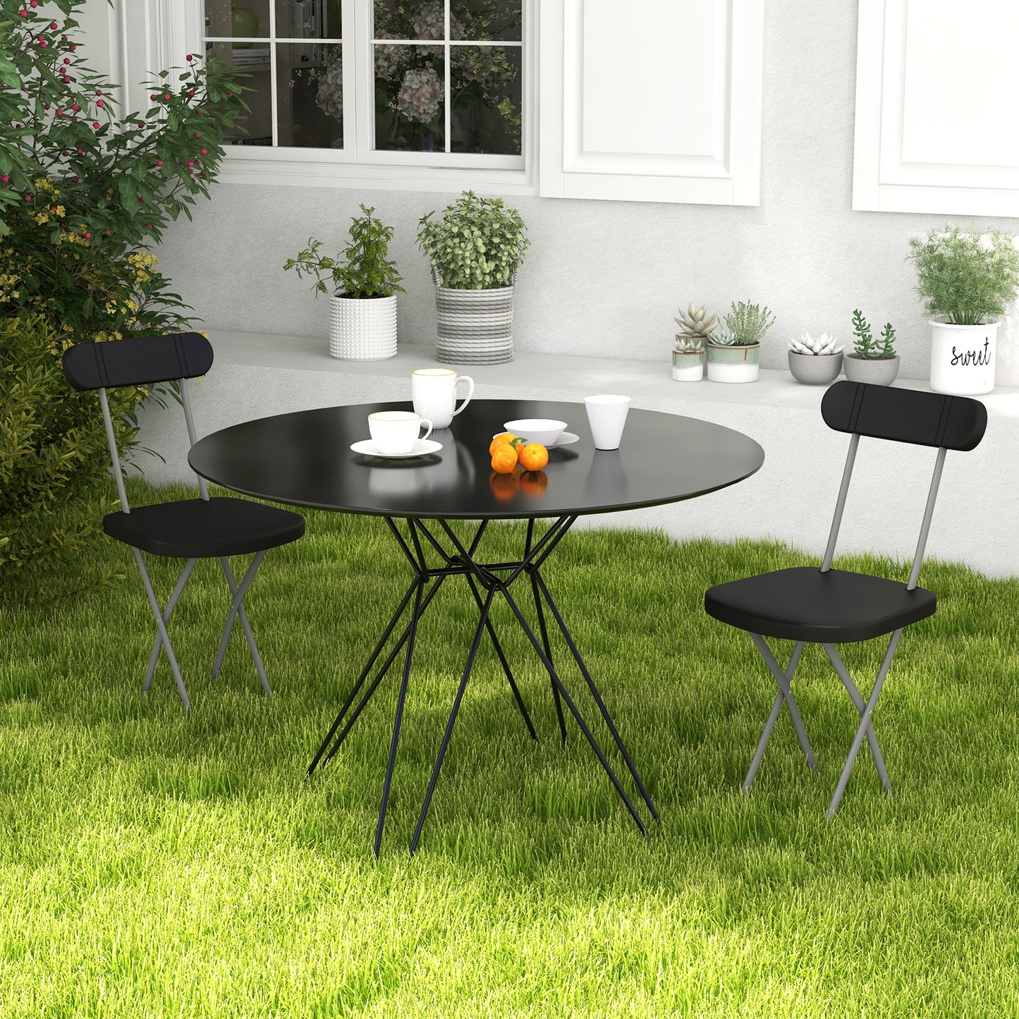 Indoor and Outdoor Metal Folding Stool with Sturdy Frame and Ergonomic Backrest-Black