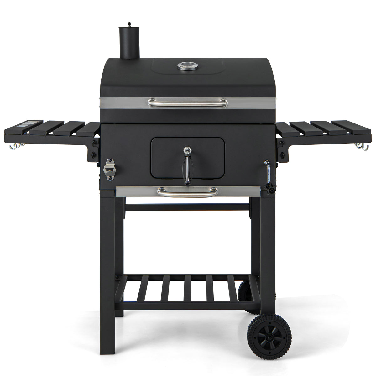 Charcoal BBQ Grill with Foldable Side Tables Hooks and Wheels