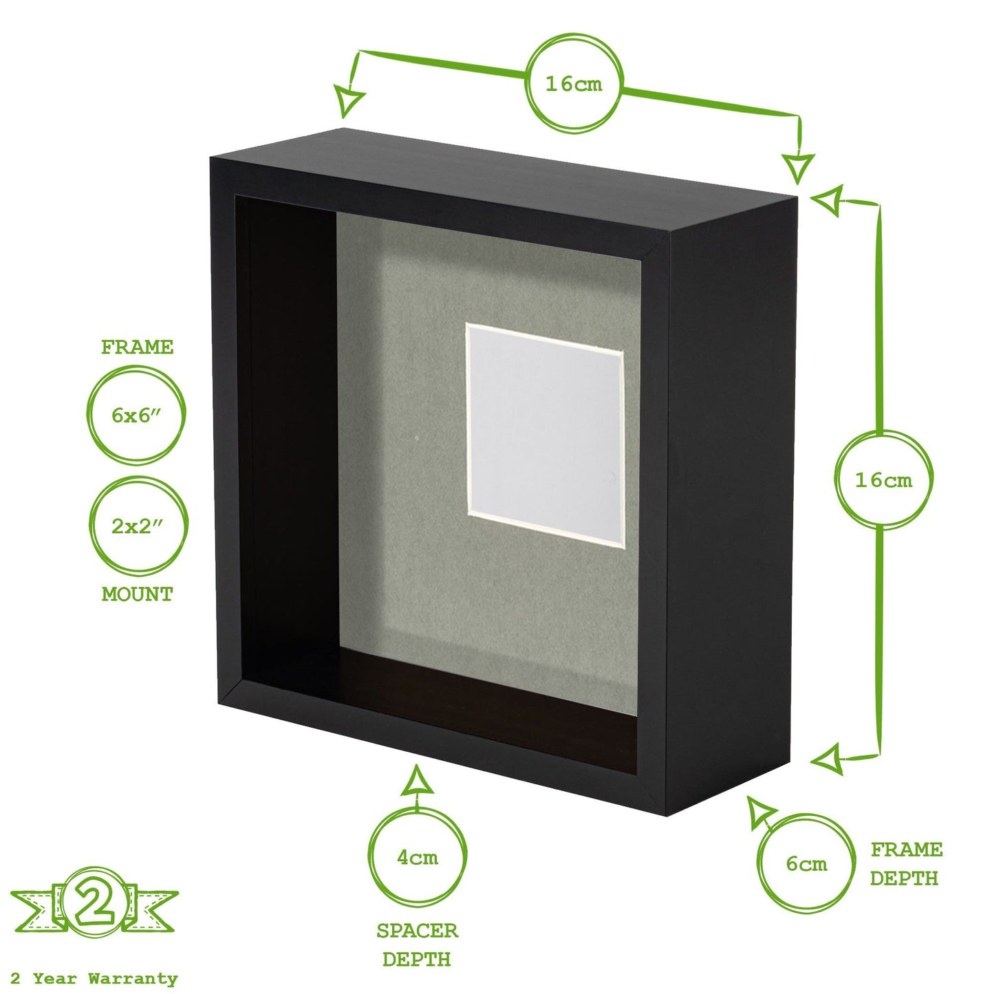 6" x 6" 3D Deep Box Black Photo Frame with 2" x 2" Mount