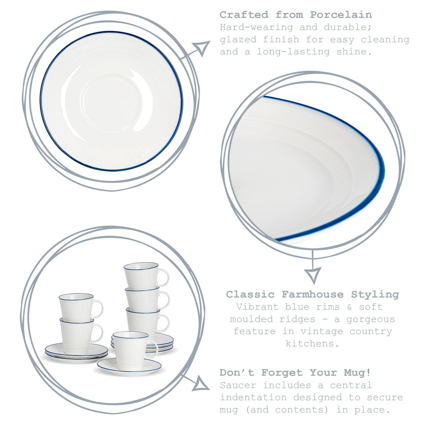 13cm Farmhouse White Porcelain Espresso Saucers - Pack of Six
