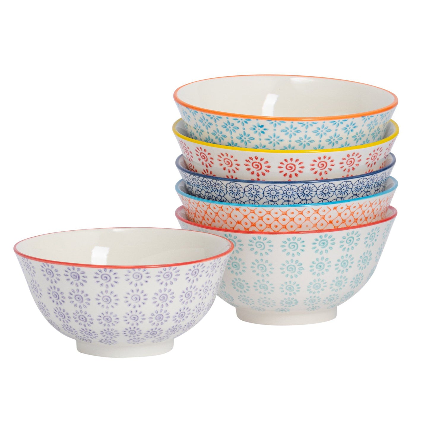 16cm Hand Printed Stoneware Cereal Bowls - Pack of Six