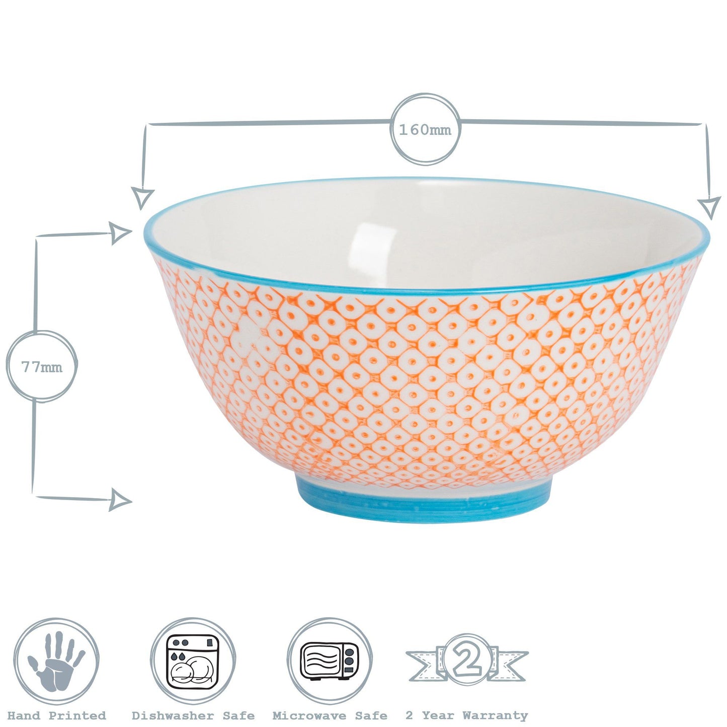 16cm Hand Printed Stoneware Cereal Bowls - Pack of Six