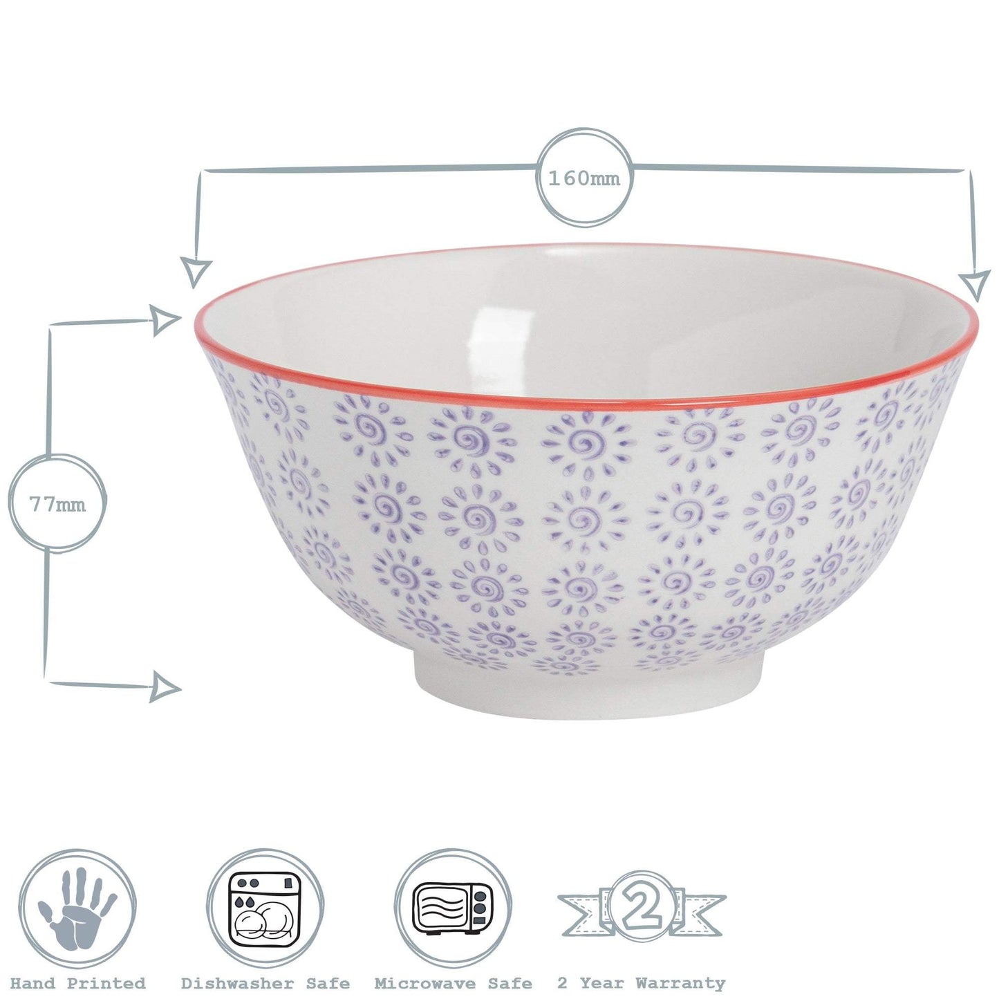 16cm Hand Printed Stoneware Cereal Bowls - Pack of Six