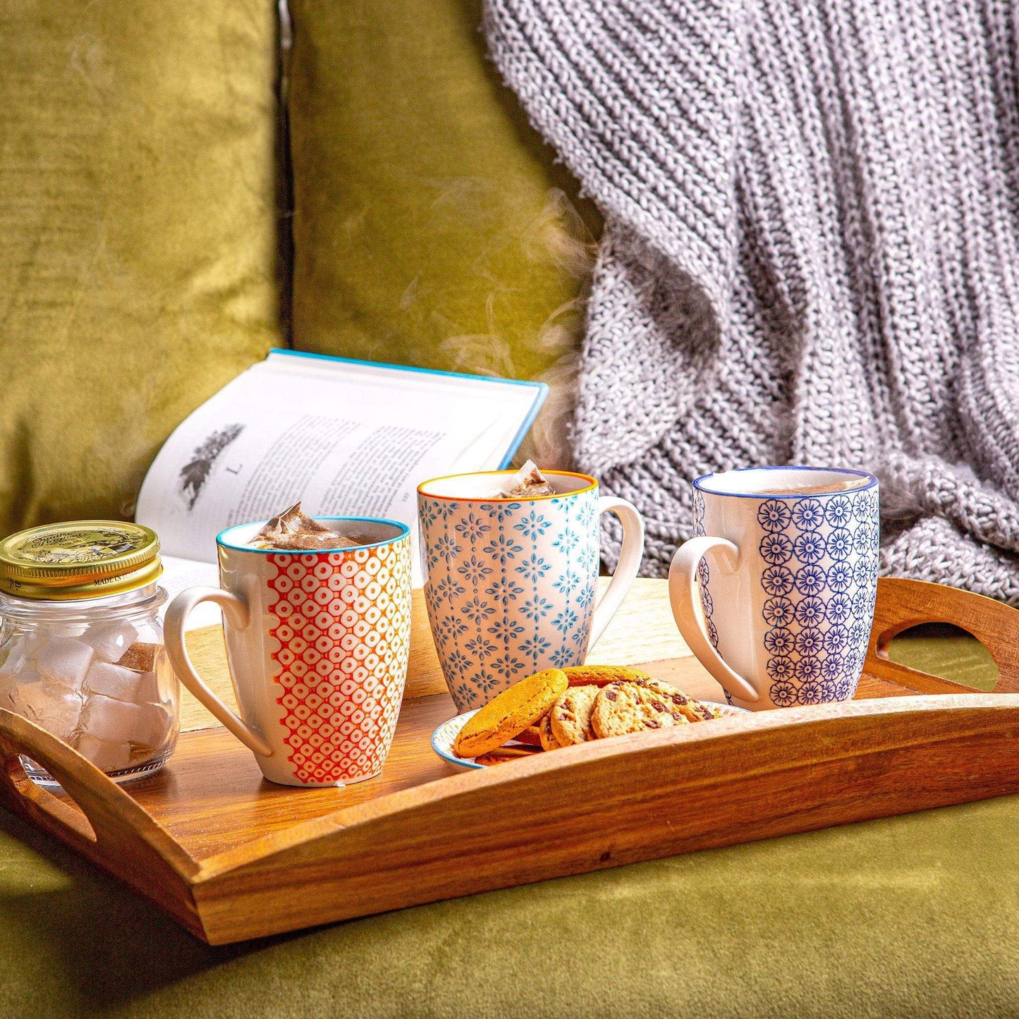 360ml Orange Hand Printed Stoneware Coffee Mugs - Pack of Six