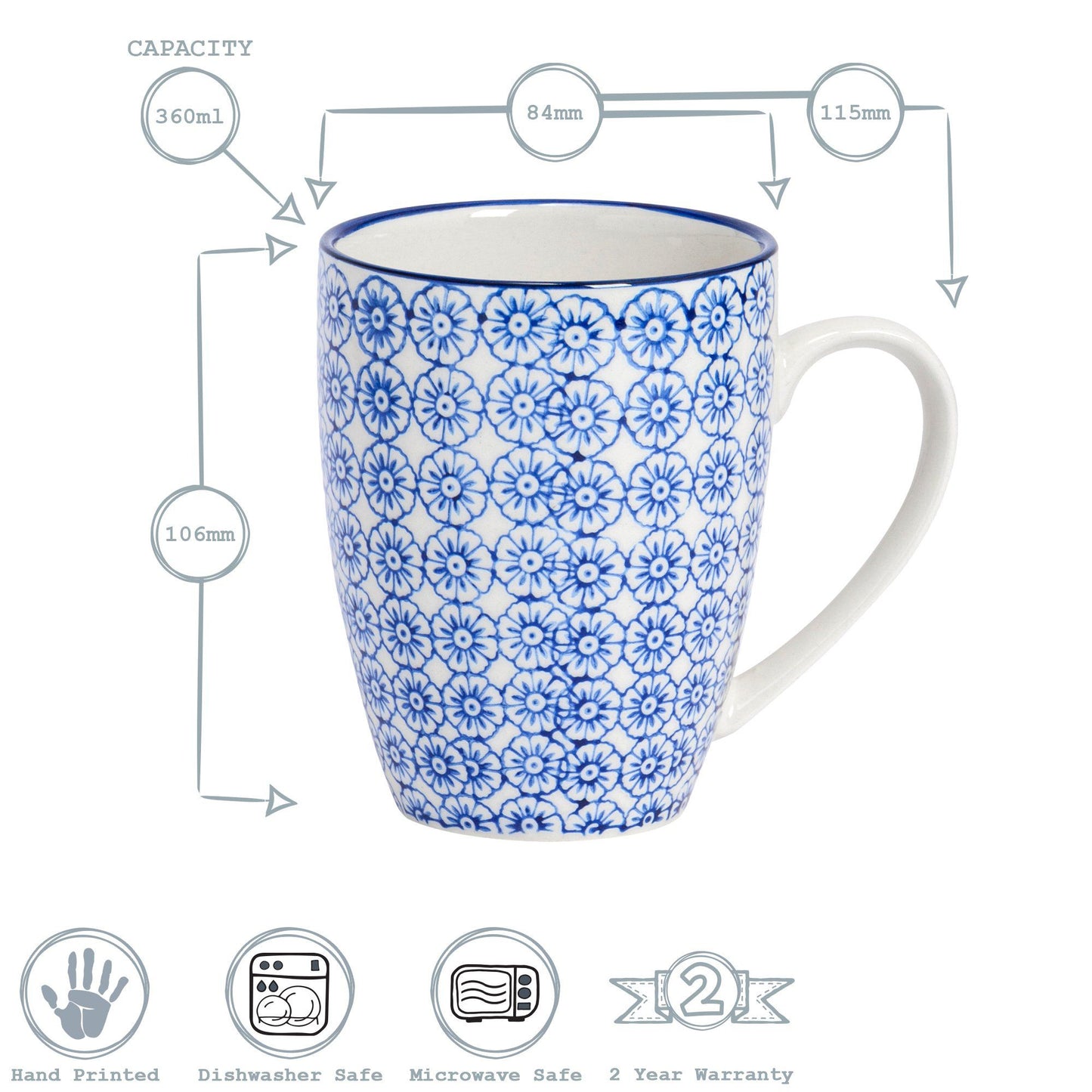 360ml Navy Hand Printed Stoneware Coffee Mugs - Pack of Six
