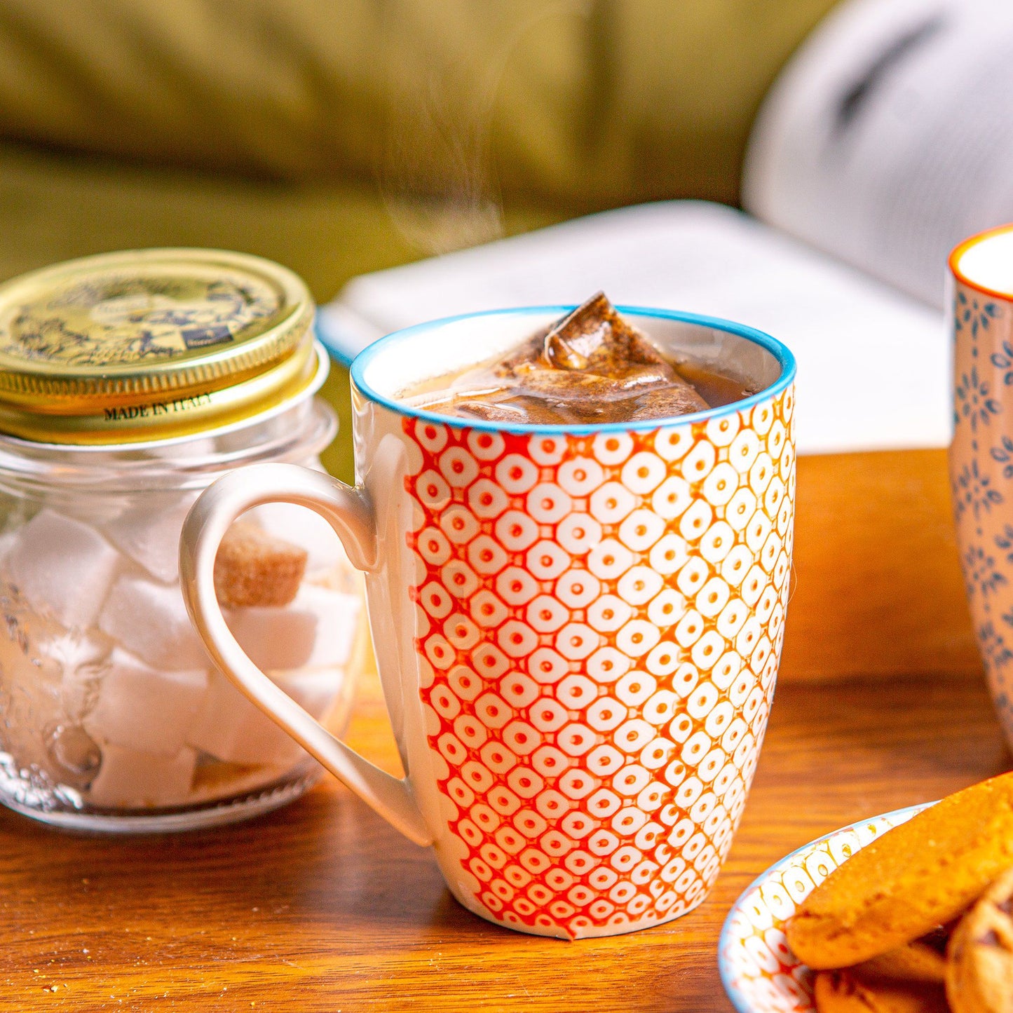 360ml Orange Hand Printed Stoneware Coffee Mugs - Pack of Six
