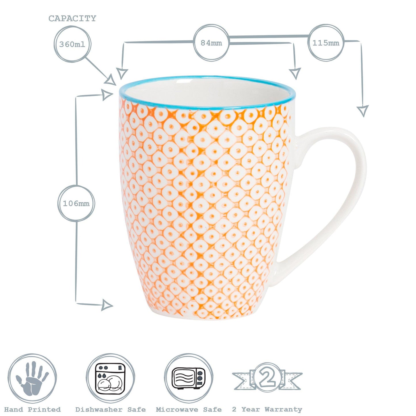 360ml Orange Hand Printed Stoneware Coffee Mugs - Pack of Six