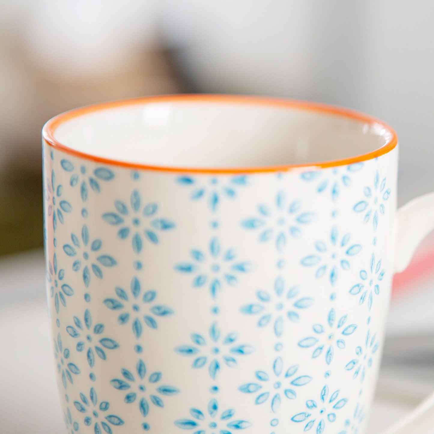 360ml Blue Hand Printed Stoneware Coffee Mugs - Pack of Six