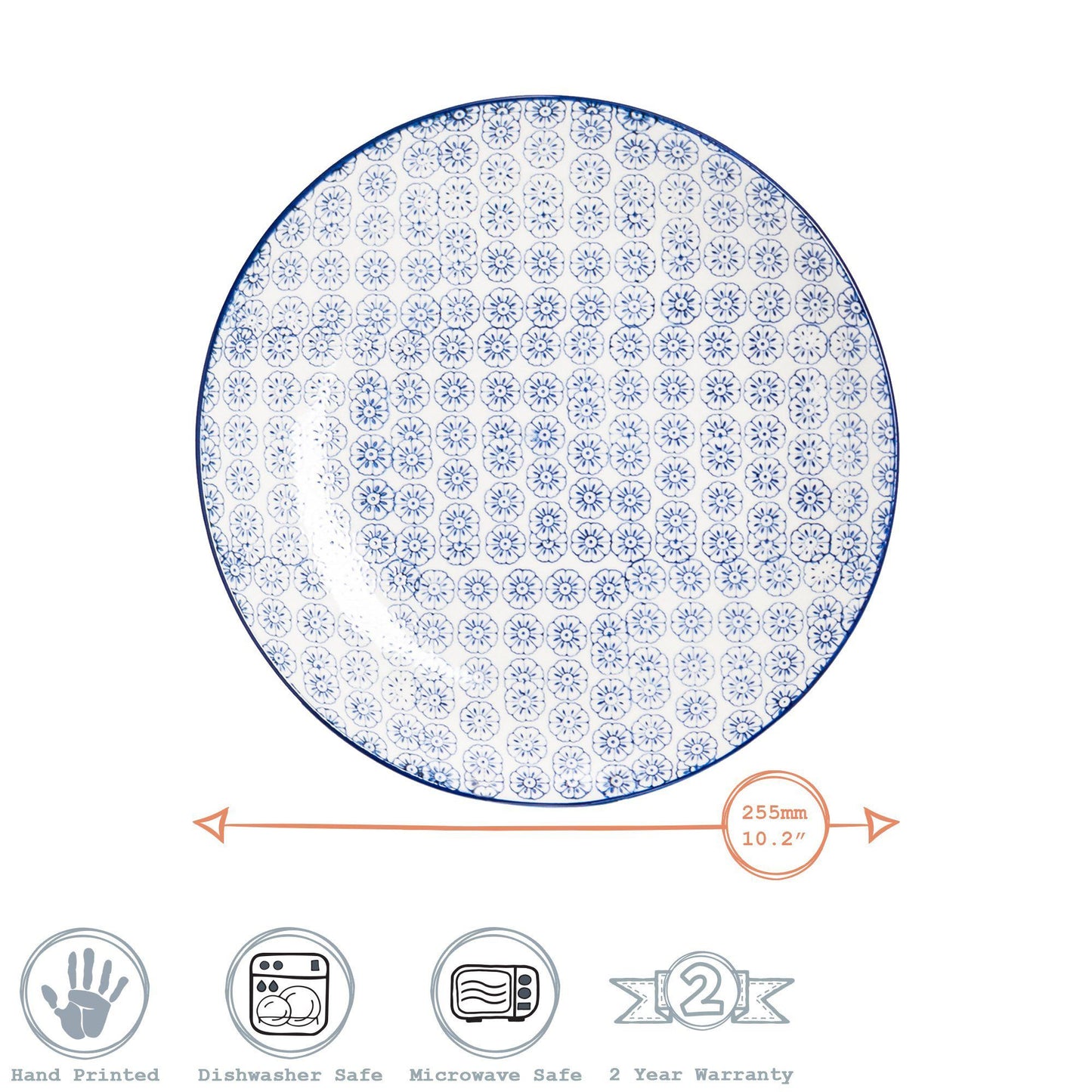25.5cm Hand Printed Stoneware Dinner Plates - Pack of Six