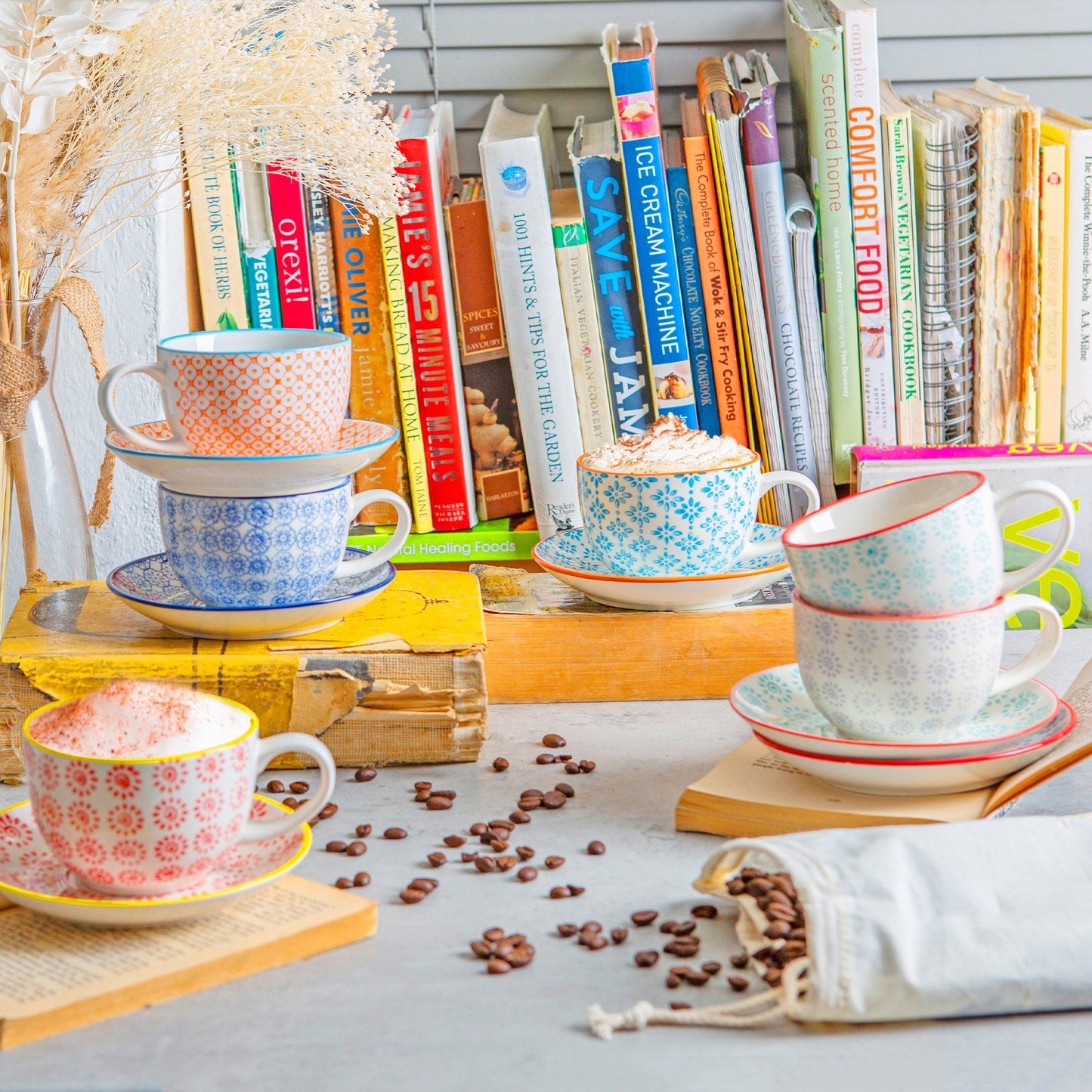 14.5cm Orange Hand Printed Stoneware Cappuccino Saucers - Pack of Six