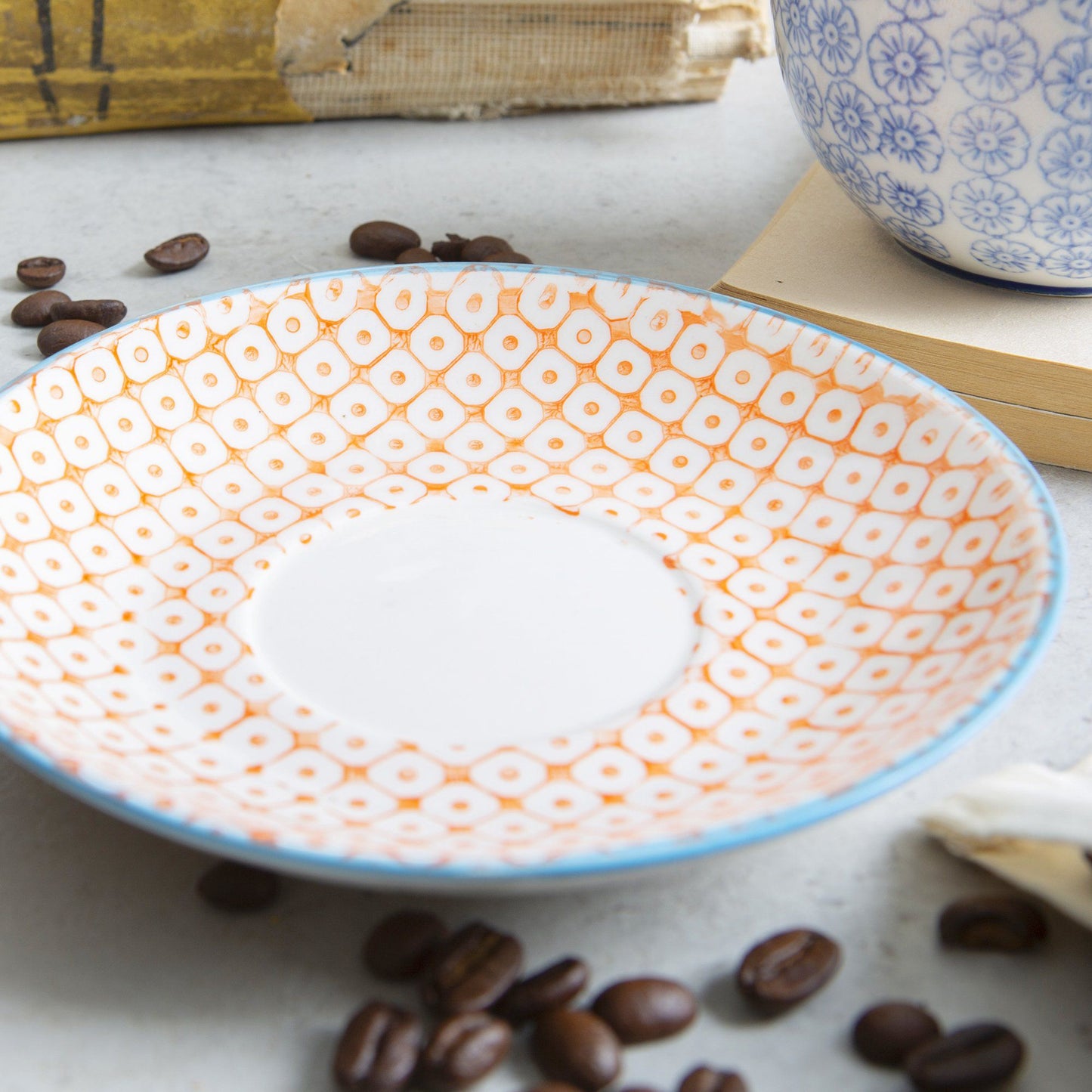 14.5cm Orange Hand Printed Stoneware Cappuccino Saucers - Pack of Six