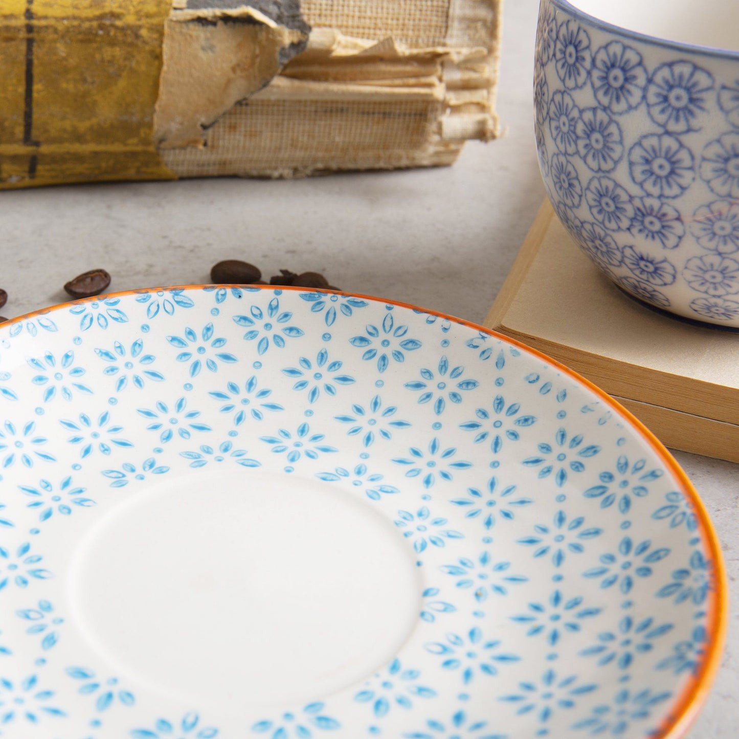 14.5cm Blue Hand Printed Stoneware Cappuccino Saucers - Pack of Six