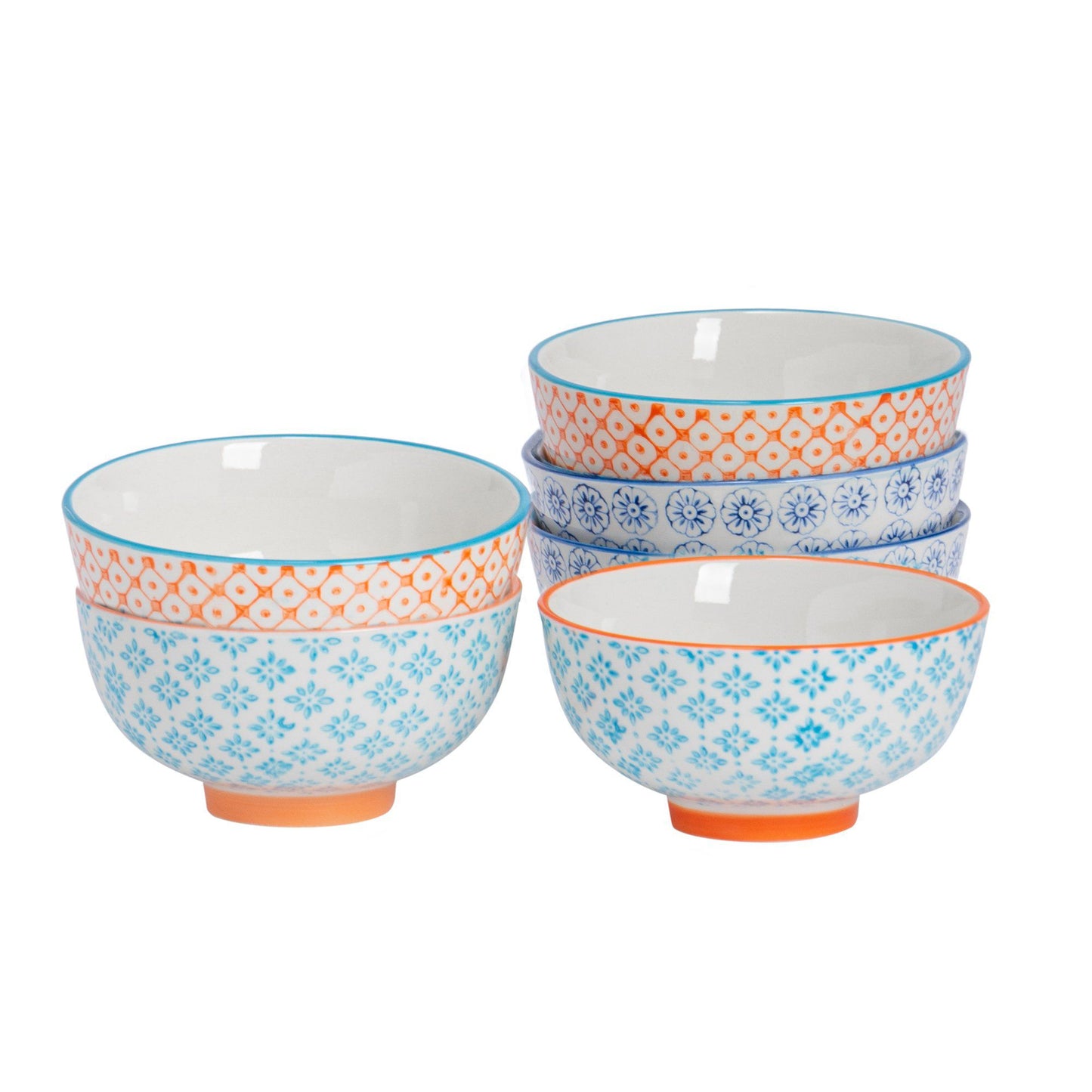 12cm Hand Printed Stoneware Rice Bowls - Pack of Six