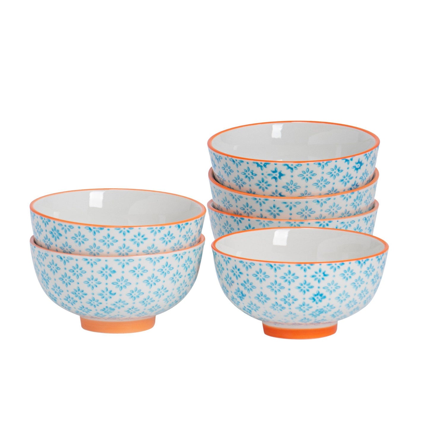 12cm Hand Printed Stoneware Rice Bowls - Pack of Six