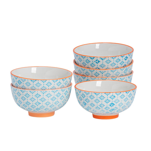 12cm Hand Printed Stoneware Rice Bowls - Pack of Six