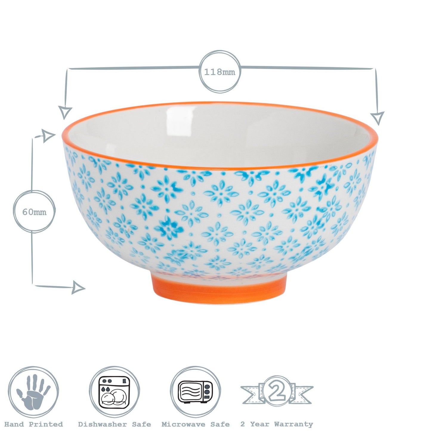 12cm Hand Printed Stoneware Rice Bowls - Pack of Six