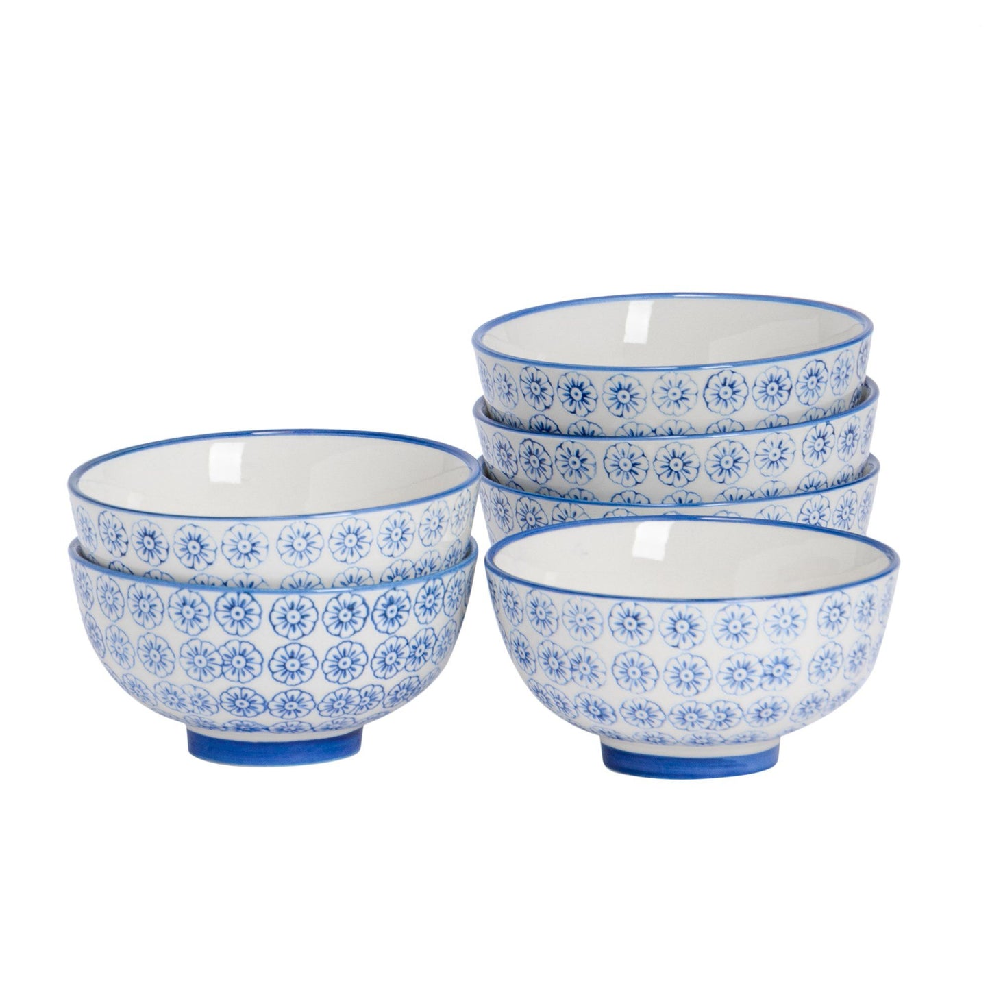 12cm Hand Printed Stoneware Rice Bowls - Pack of Six