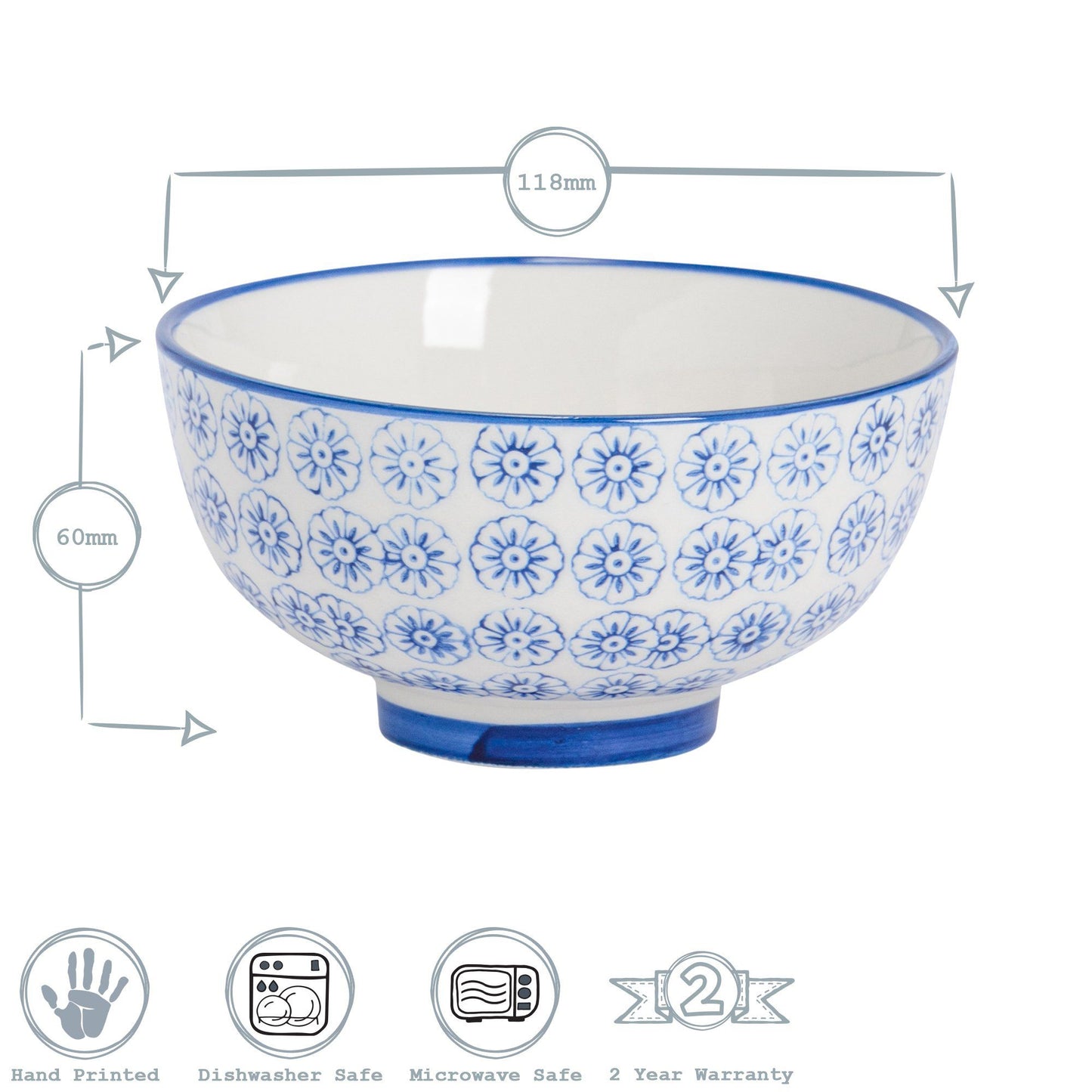 12cm Hand Printed Stoneware Rice Bowls - Pack of Six