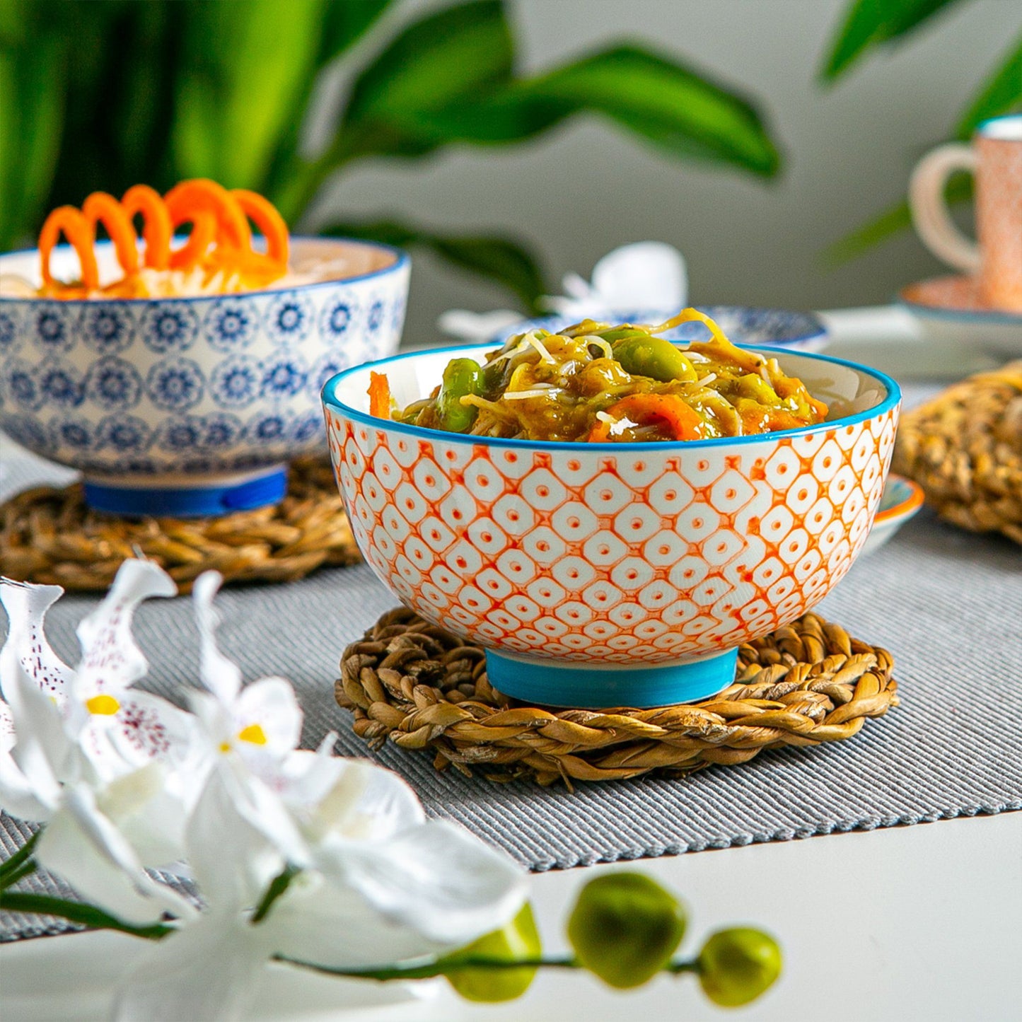 12cm Hand Printed Stoneware Rice Bowls - Pack of Six