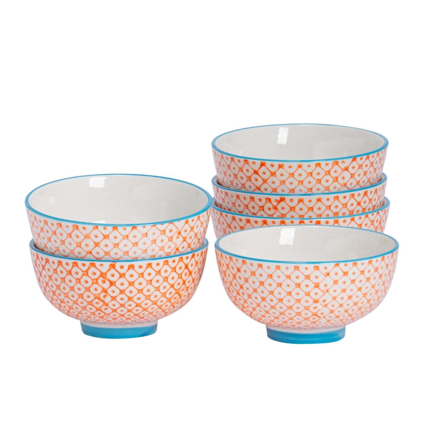 12cm Hand Printed Stoneware Rice Bowls - Pack of Six