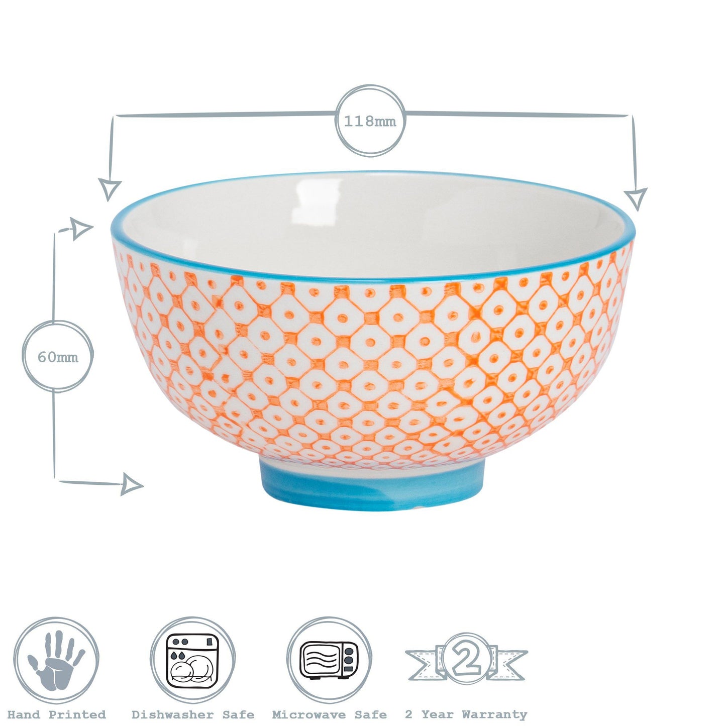 12cm Hand Printed Stoneware Rice Bowls - Pack of Six